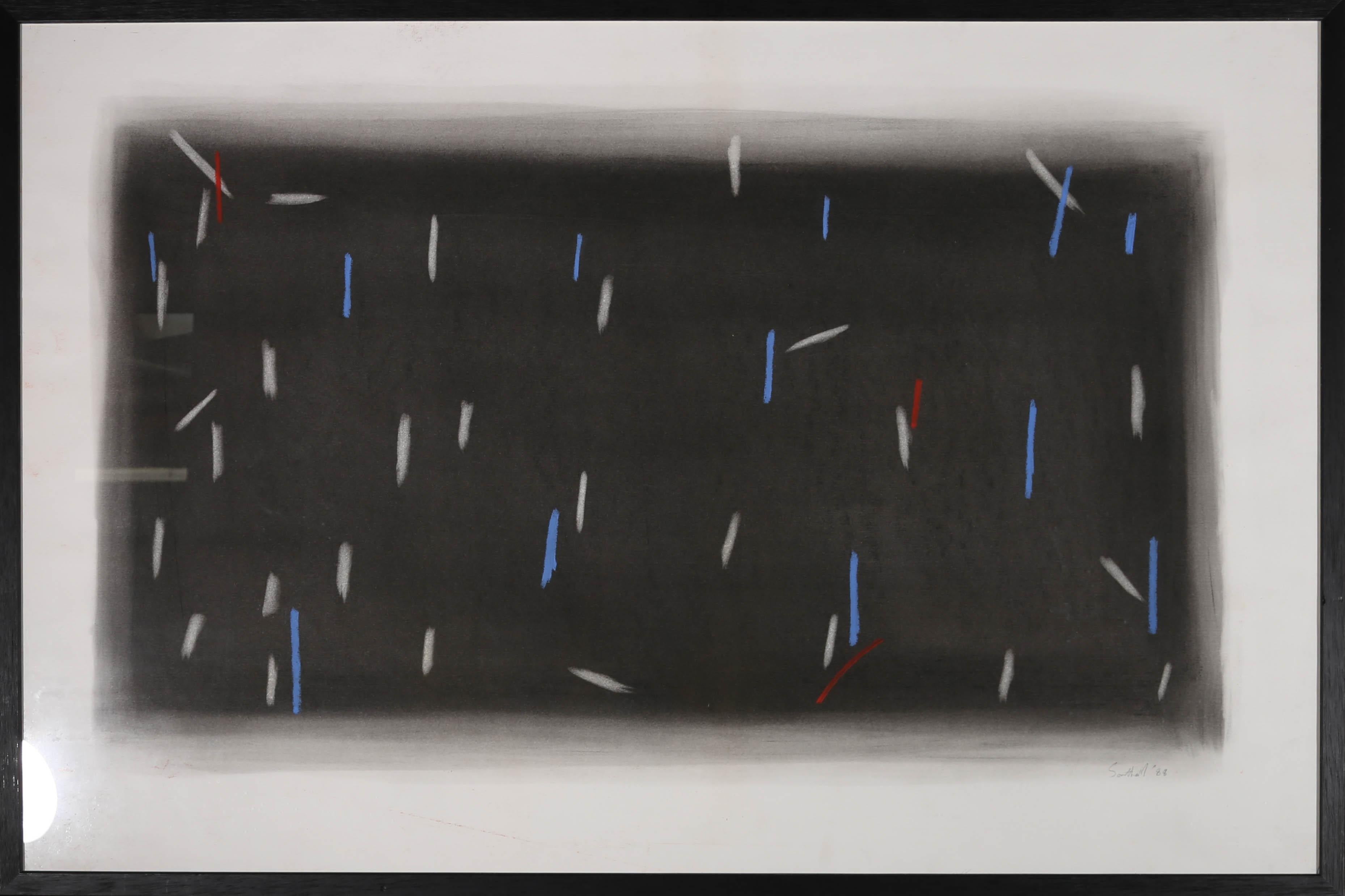 This striking large-scale abstract study depicts flashes of blue, white and red pastel lines against a black wash background. Signed and dated to the lower right. Presented in a contemporary black painted frame. On paper.