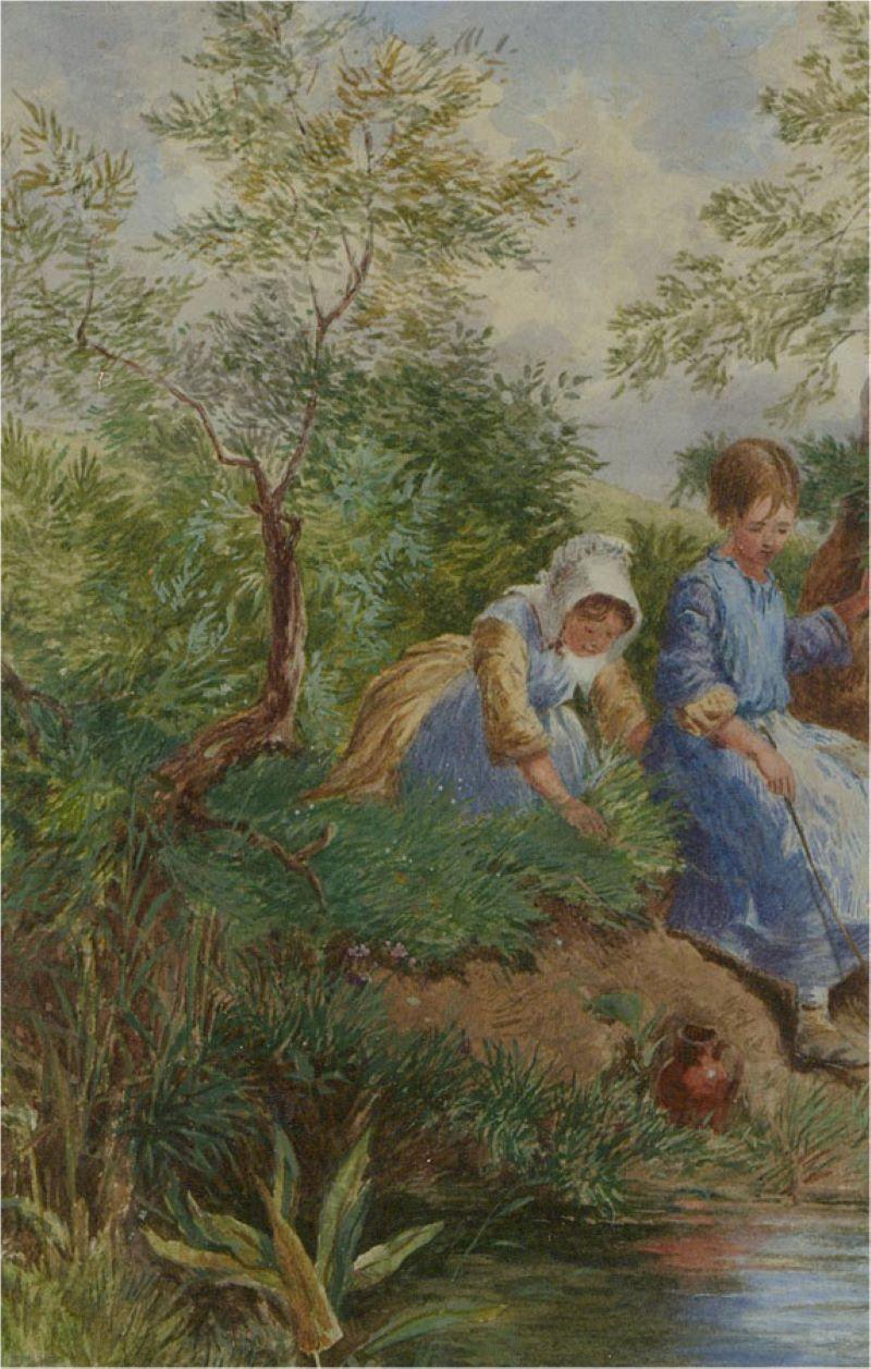 This delightful scene depicts two young girls playing by a river. One girl leans towards a water jug while the other prods the water with a stick. The artist captures the innocence of the charming summer scene in soft watercolours and fine