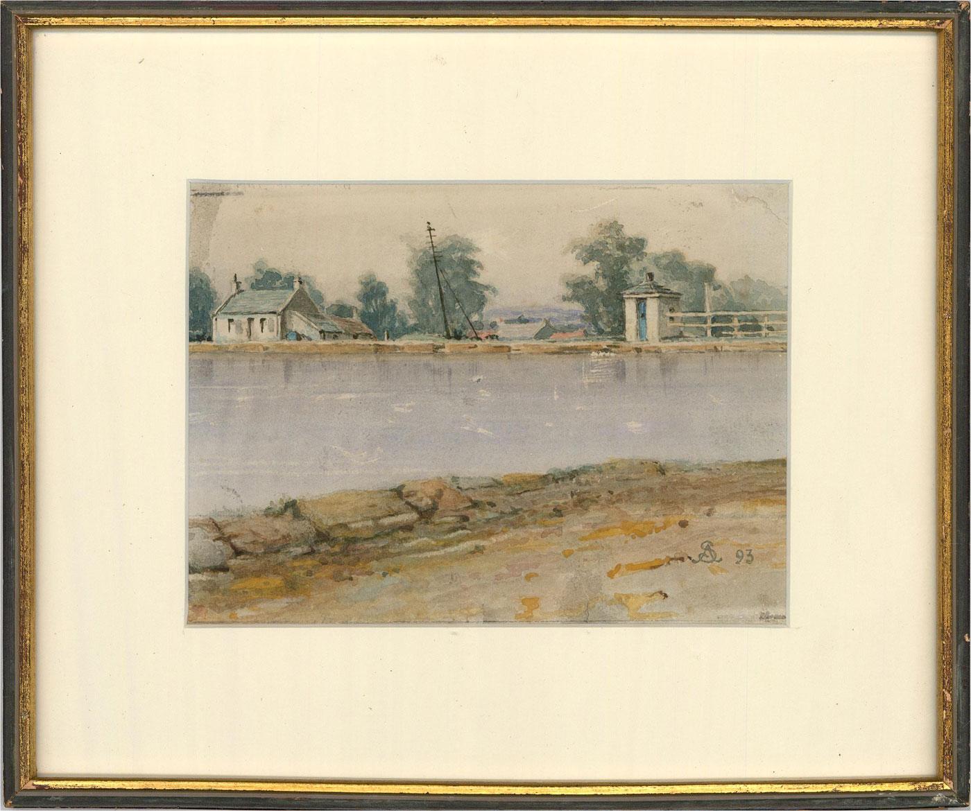A delightful watercolour study of the view across a river bank towards a cottage. Well presented in a mount and black frame with gilt trim. Monogrammed and dated to the lower right. On wove.