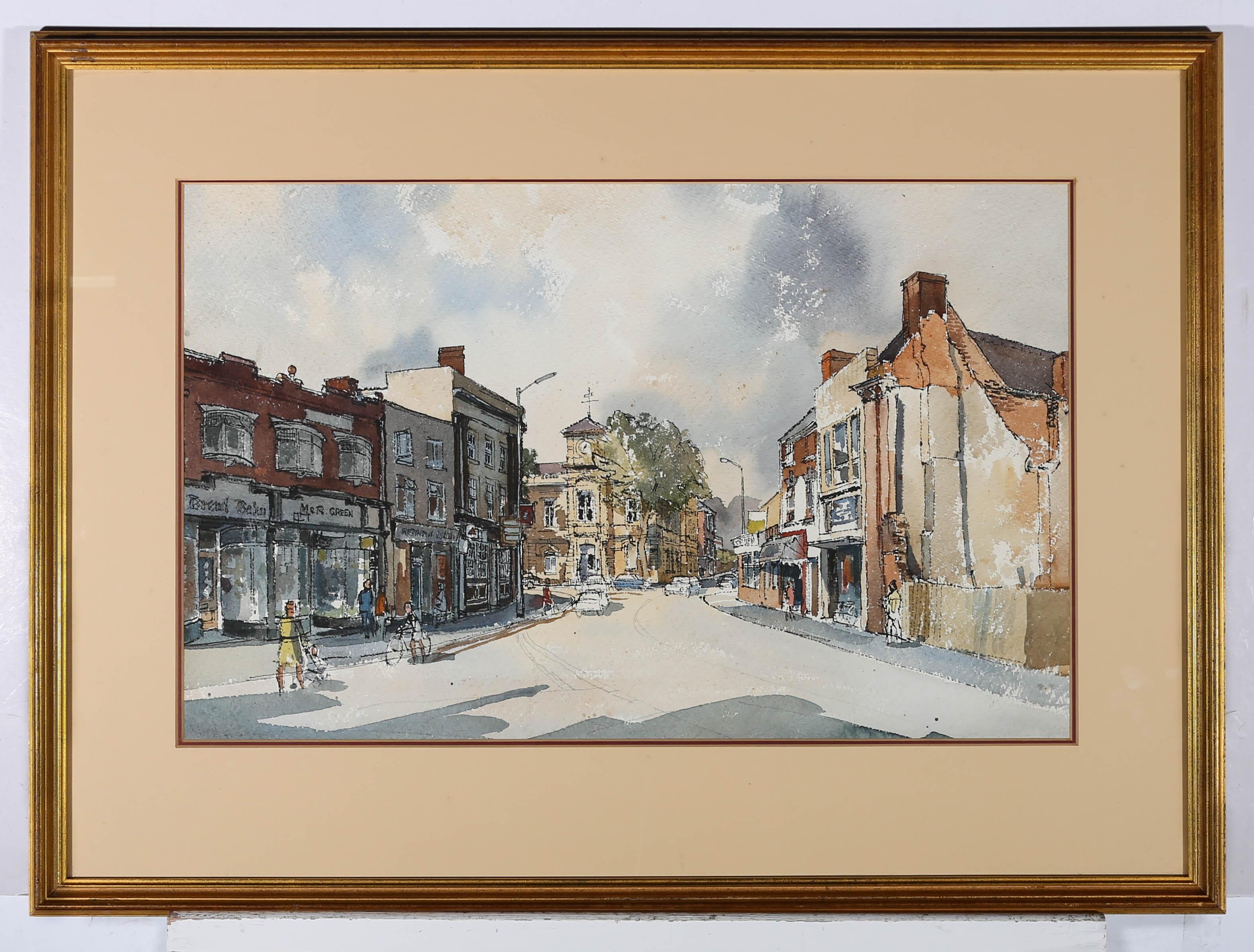 A charming street scene depicting figures window shopping in a town centre. Unsigned. presented in a glazed-effect gilt frame. Part of pair of street scenes by the same artist. On watercolour paper.