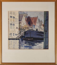 Dent Wilson (geb. 1923) - Gerahmtes Aquarell, Canal-Szene mit Barge