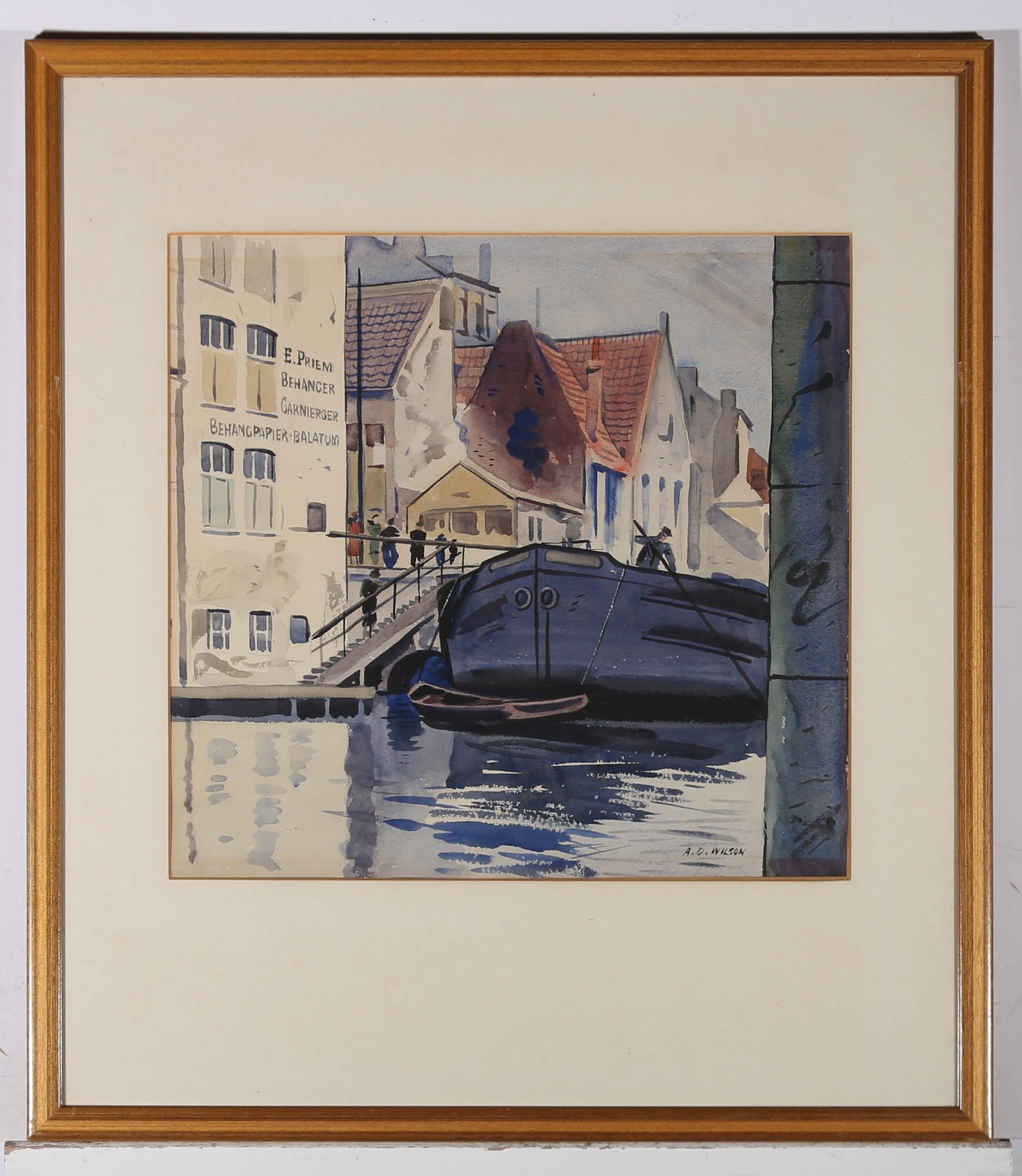 A bold, impressionistic watercolour by Canadian artist Alan Dent Wilson, depicting a large barge making is way down a canal. Signed to the lower right. Presented in a glazed, pine frame with card mount. On watercolour paper.






















