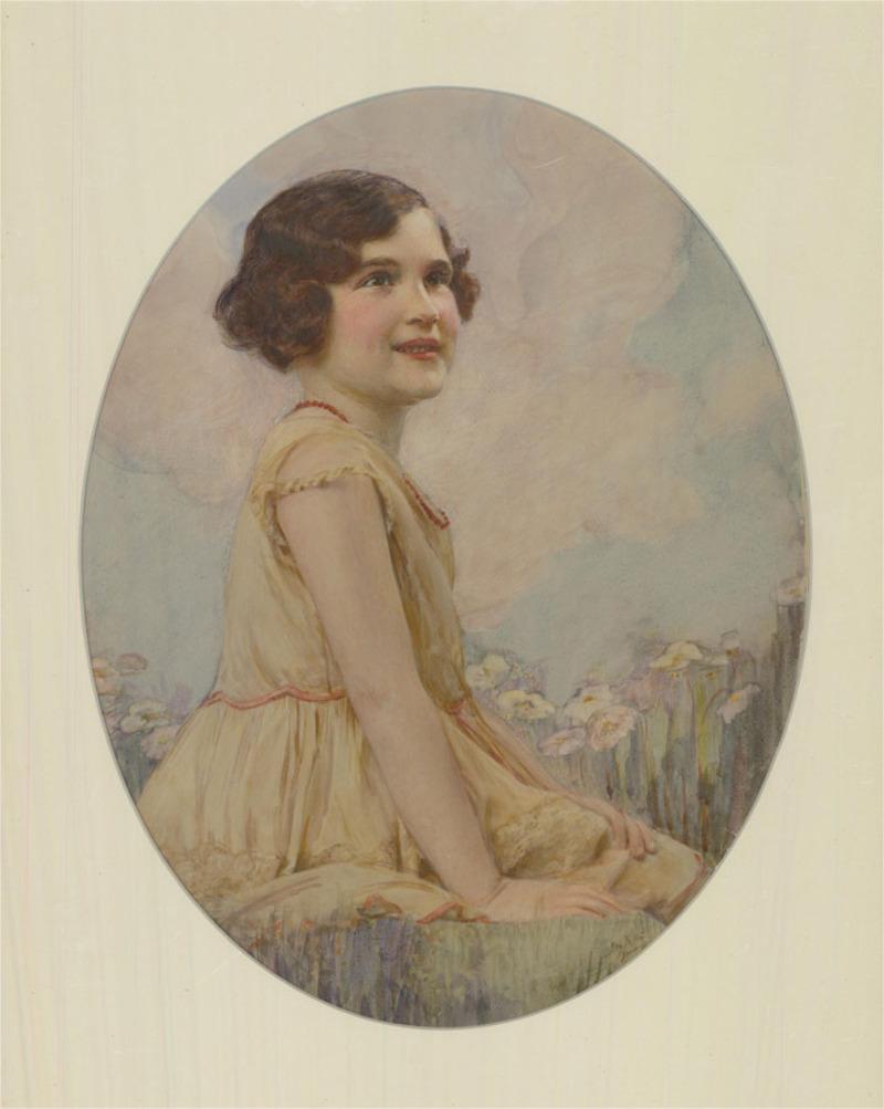 A fine early 20th century watercolour portrait of a young girl wearing a delicate yellow dress and red beaded necklaces. The girl has been captured by the artist sat amongst daffodils on a spring like day. Indistinctly signed to the lower right.