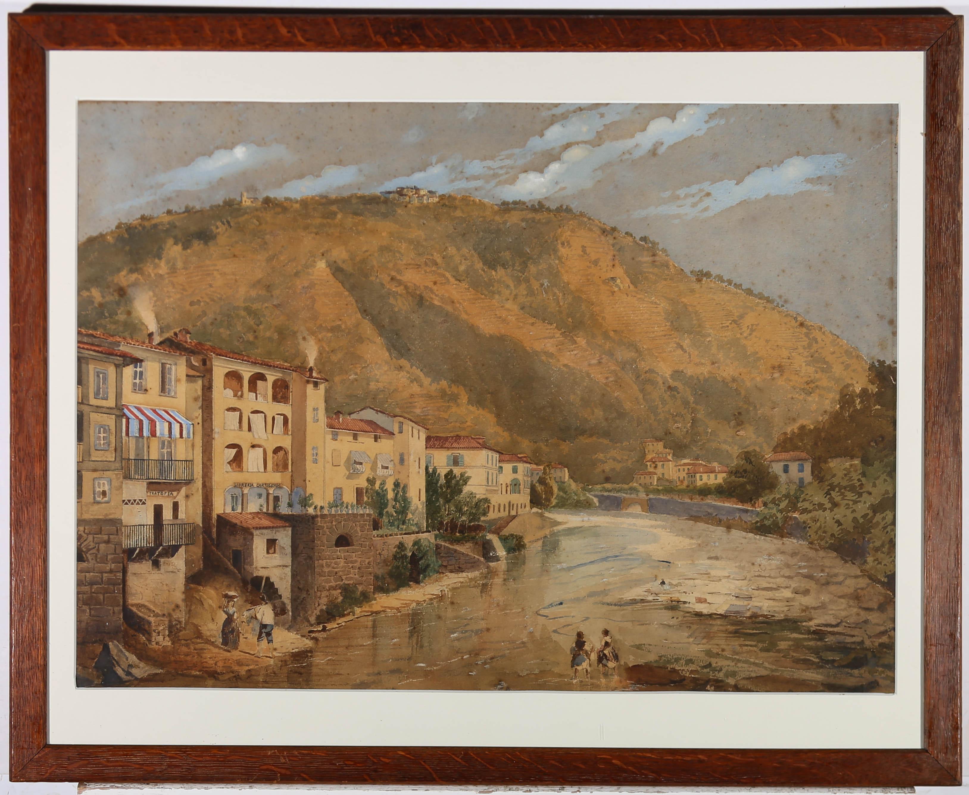 Unknown Landscape Art – Gerahmtes Aquarell aus dem frühen 20. Jahrhundert - Mediterranes Hillside-Dorf