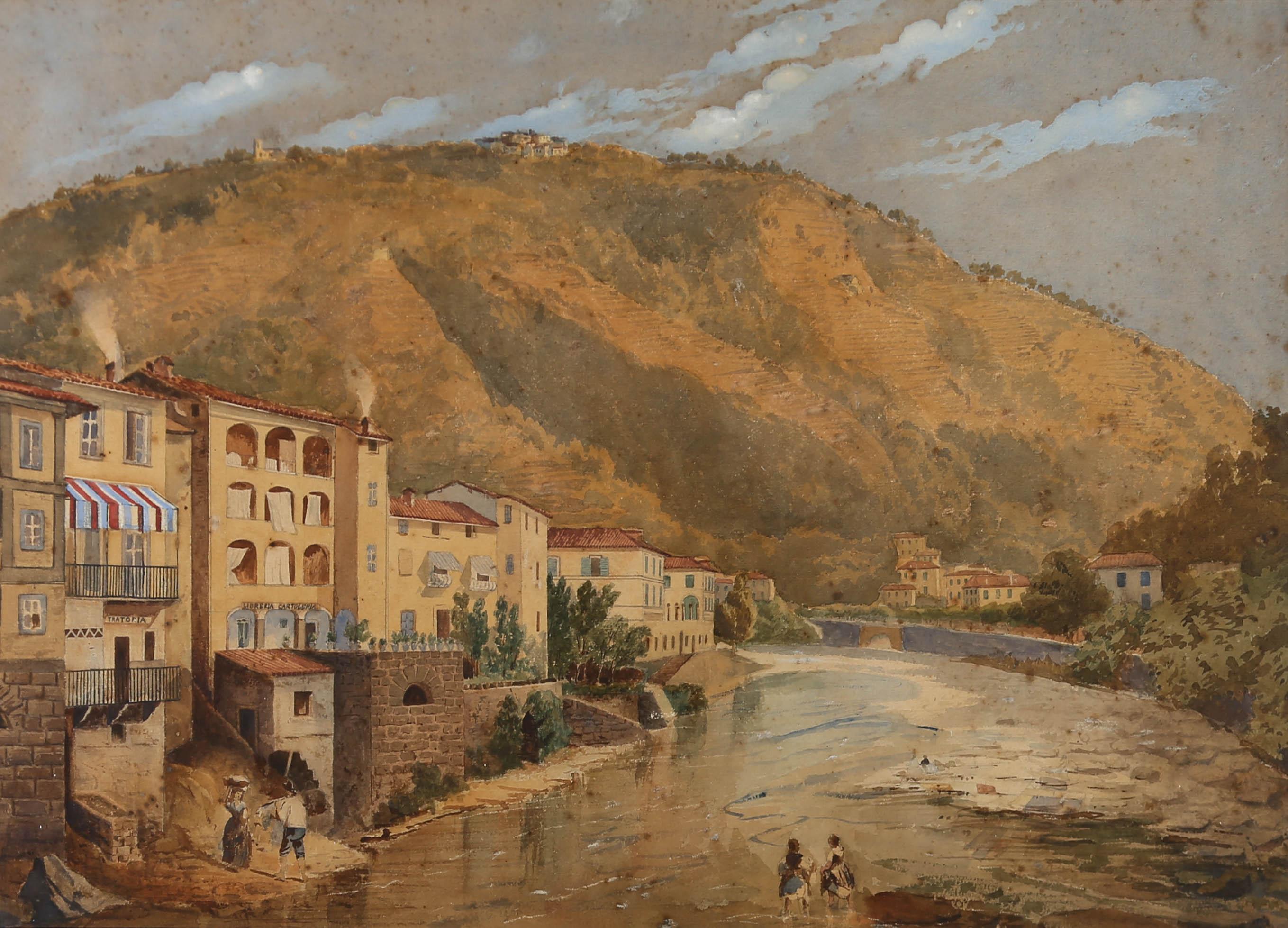 Gerahmtes Aquarell aus dem frühen 20. Jahrhundert - Mediterranes Hillside-Dorf – Art von Unknown