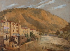 Framed Early 20th Century Watercolour - Mediterranean Hillside Village