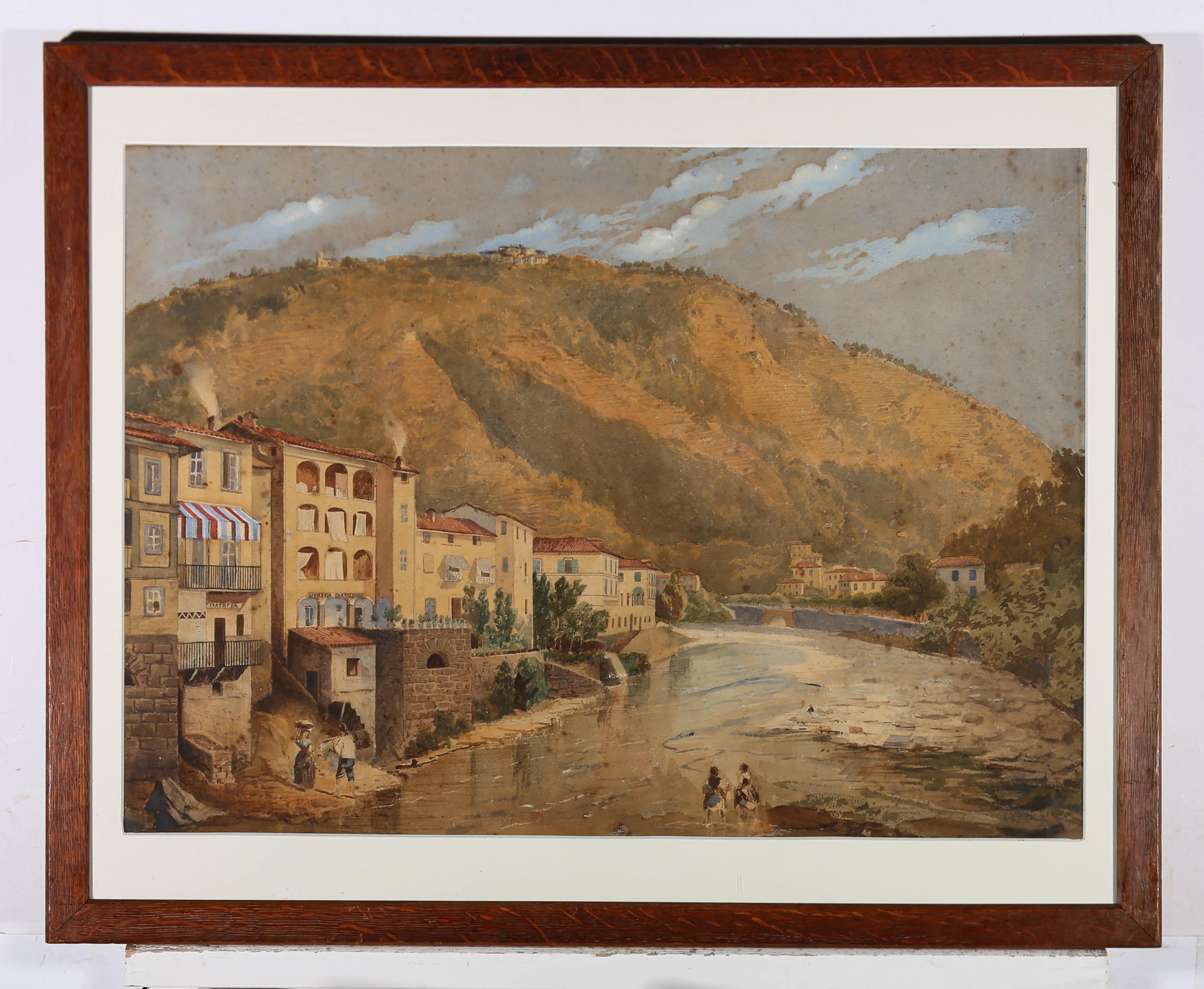 A delightful watercolour landscape of a Mediterranean village positioned next to a large hillside, with figures. Unsigned. Presented in a wooden frame, with white card mount. Glazed. On watercolour paper.
