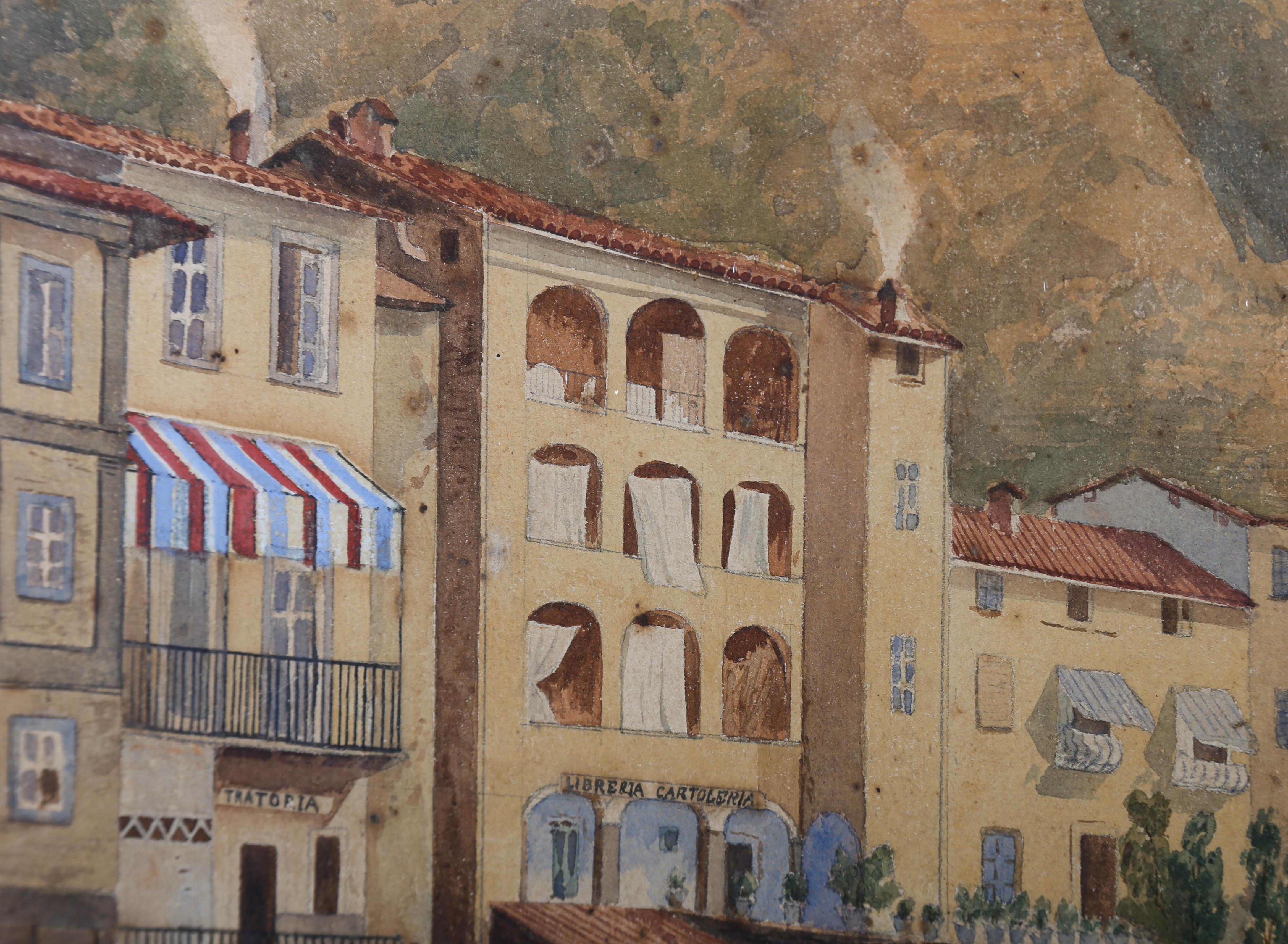 Framed Early 20th Century Watercolour - Mediterranean Hillside Village For Sale 2