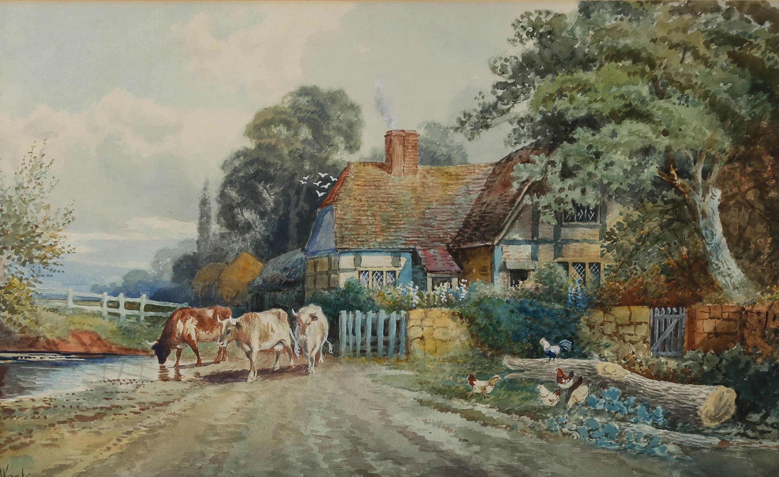 C.J. Keats – signiertes Aquarell des frühen 20. Jahrhunderts, The Farmyard 1
