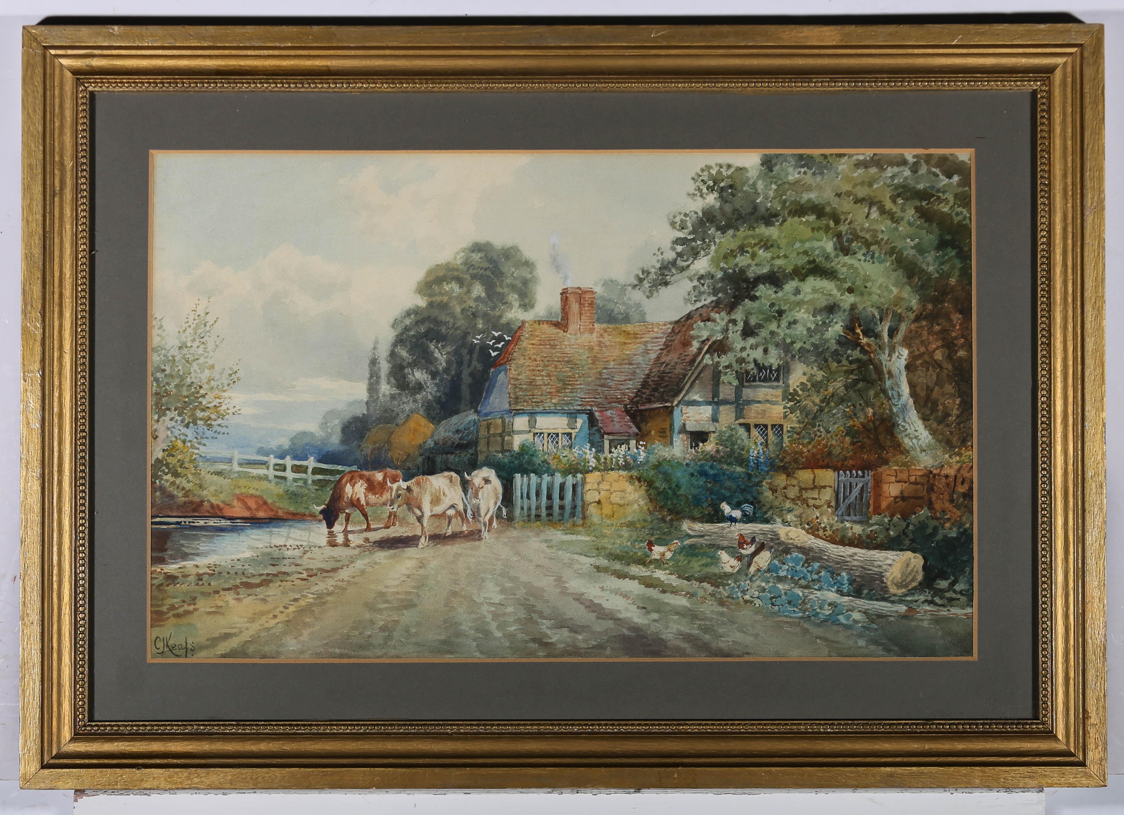 C.J. Keats – signiertes Aquarell des frühen 20. Jahrhunderts, The Farmyard 3