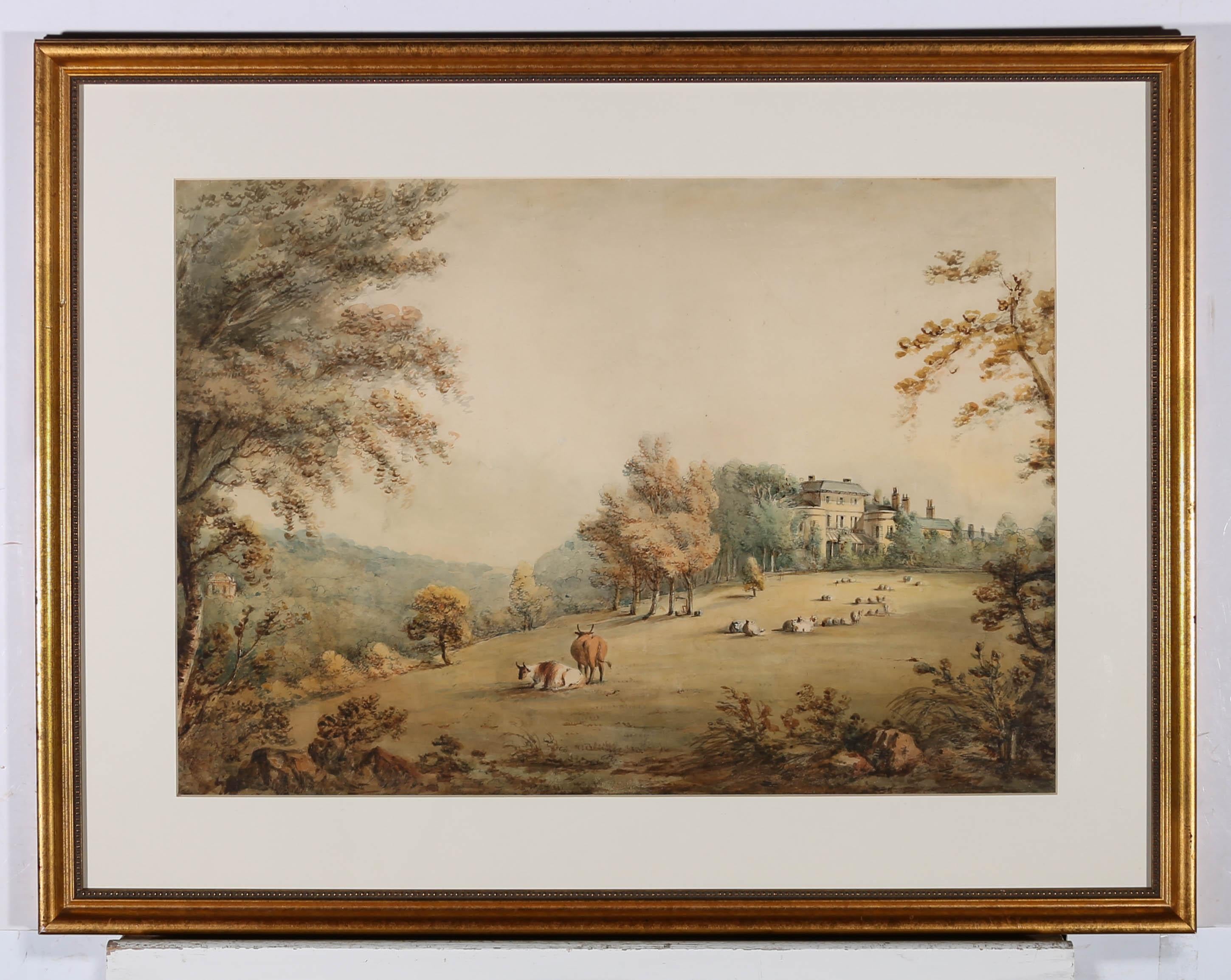 Une belle étude à l'aquarelle d'une vue de parc. On peut voir deux bovins et des moutons errer dans ce domaine pittoresque, avec une grande villa de la Régence visible à l'arrière-plan. Présenté dans une monture blanche et un cadre doré glacé. Sur