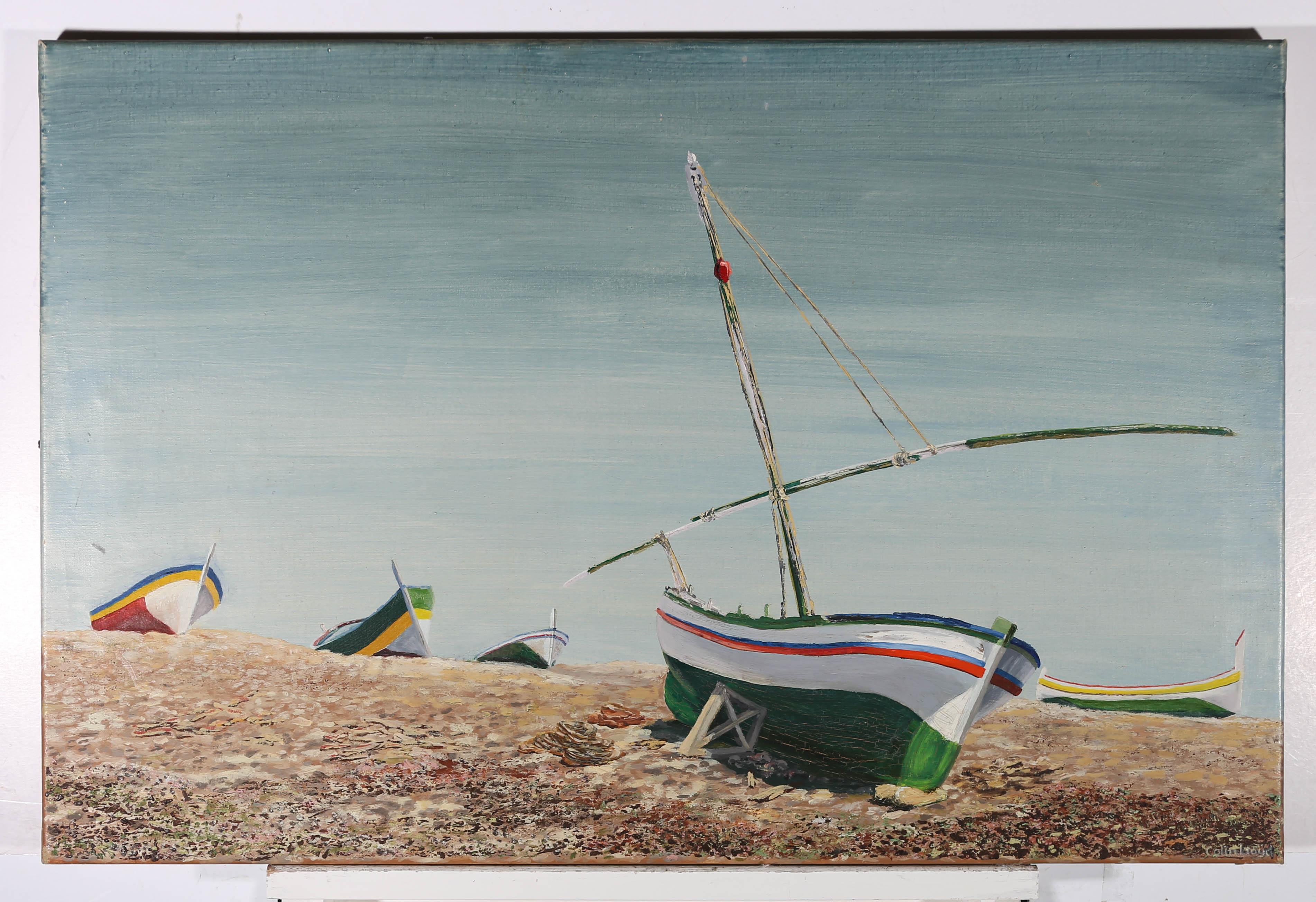 A charming study of colourful fishing boats beached on a pebbled shore. Painted using a subtle impasto technique, the artist contrasts the highly textured beach with the smooth, clear blue sky. Signed to the lower right. On canvas on stretchers.
