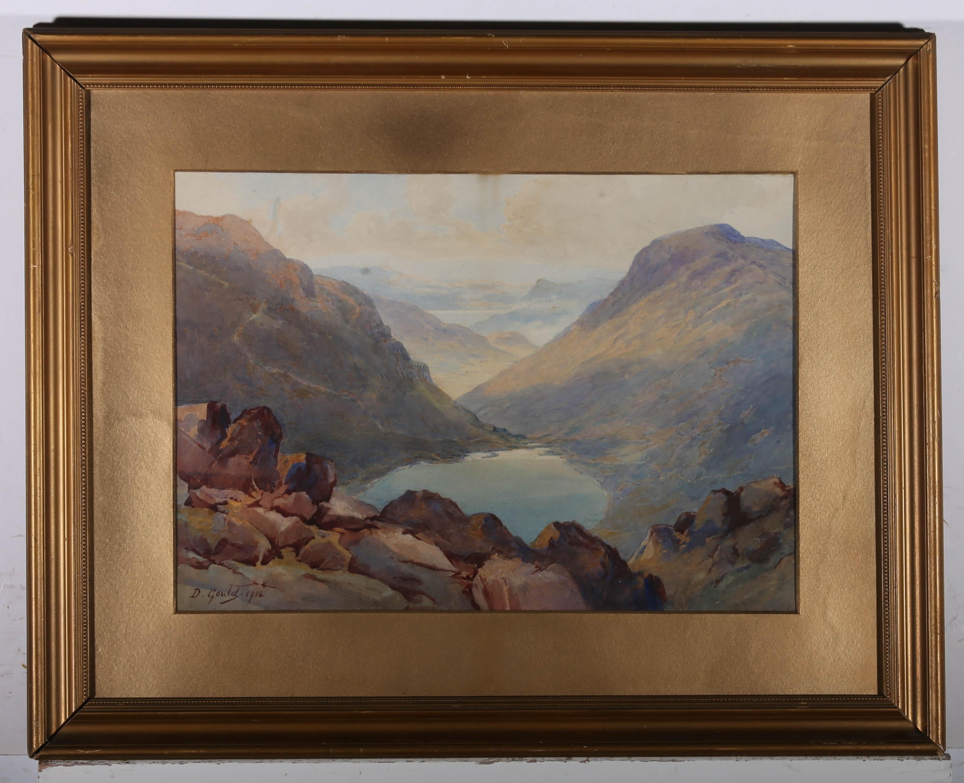 An atmospheric and striking early 20th century watercolour by landscape artist David Gould. This impressive view from Grisedale Pike, Cumbria depicts a secluded water hole enveloped by undulating mountains on either side. This scene is typical of