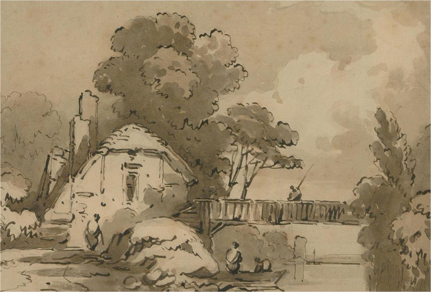 Attribué. James Robertson (fl.1815-c.1836) - Dessin au stylo et à l'encre, cottage Riverside 1