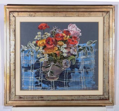 John Hopwood (1942-2015) - 1979 Pastel, Summer Flowers On Blue Check