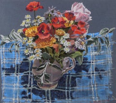 John Hopwood (1942-2015) - 1979 Pastel, Summer Flowers On Blue Check