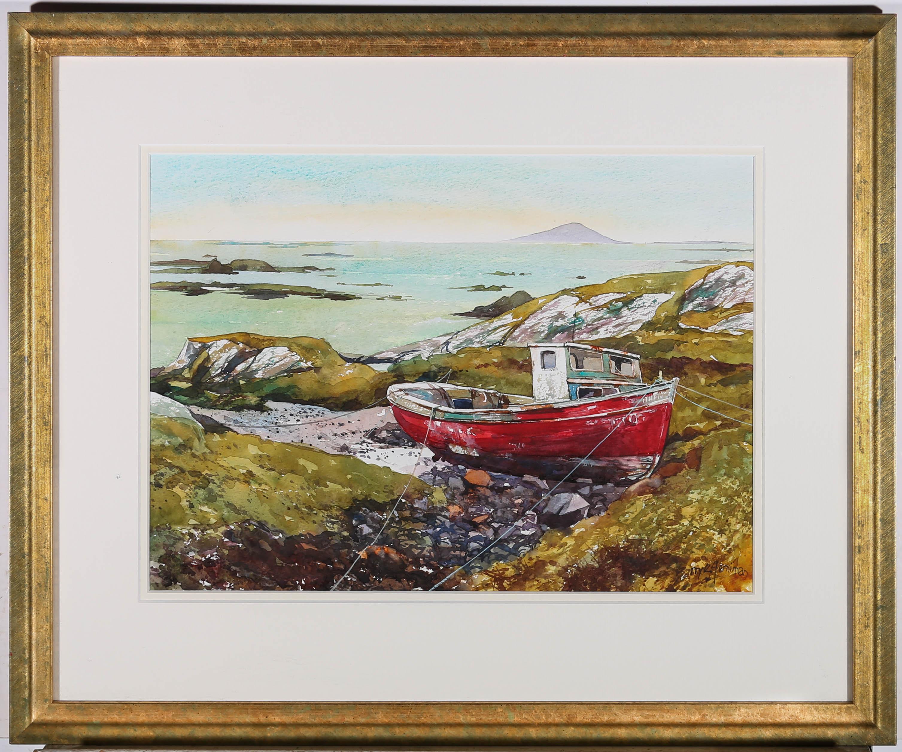 A well presented and colourful watercolour study by Barry Herniman of Connemara coastline, Ireland. A lonely beached fishing boat has been captured nestled on the shore. Signed to the lower right-hand corner. Presented in a contemporary gilt effect