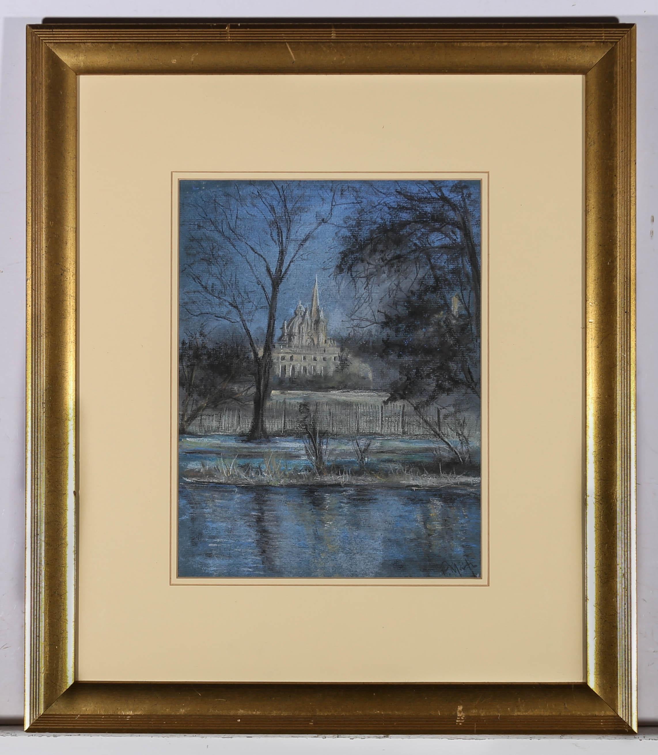 P. Martin - Signé Pastel du milieu du 20e siècle, Vue de l'église en vente 4