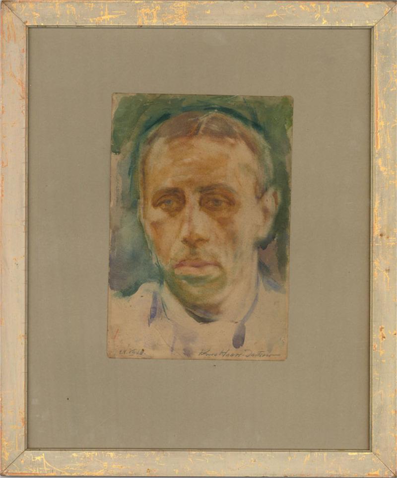 Ce captivant portrait à l'aquarelle représente un jeune homme au regard obsédant. L'artiste capture l'homme avec un souci exceptionnel du détail autour du visage, laissant les bords du portrait partiellement inachevés. Signé et daté au bord