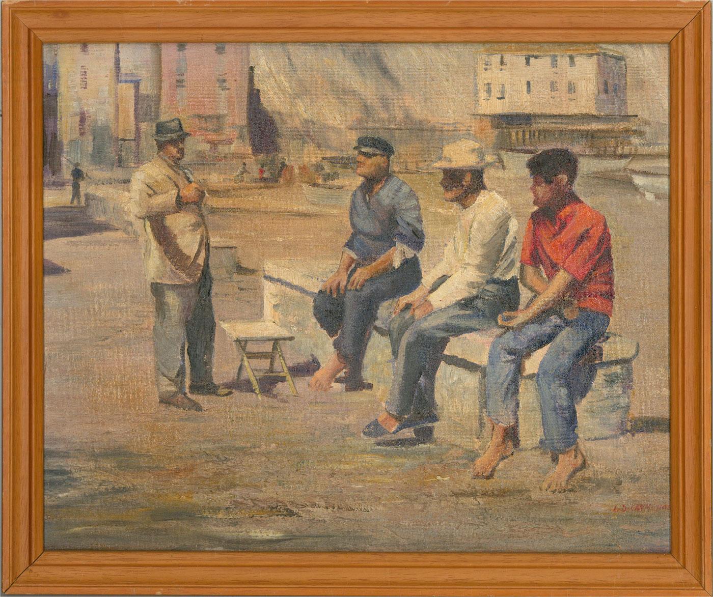 A delightful oil study of four men loitering by the harbourside. They appear to be engaged in conversation whilst one is off to the side smoking a cigarette. In the background we can see a continental town with various figures tending to their