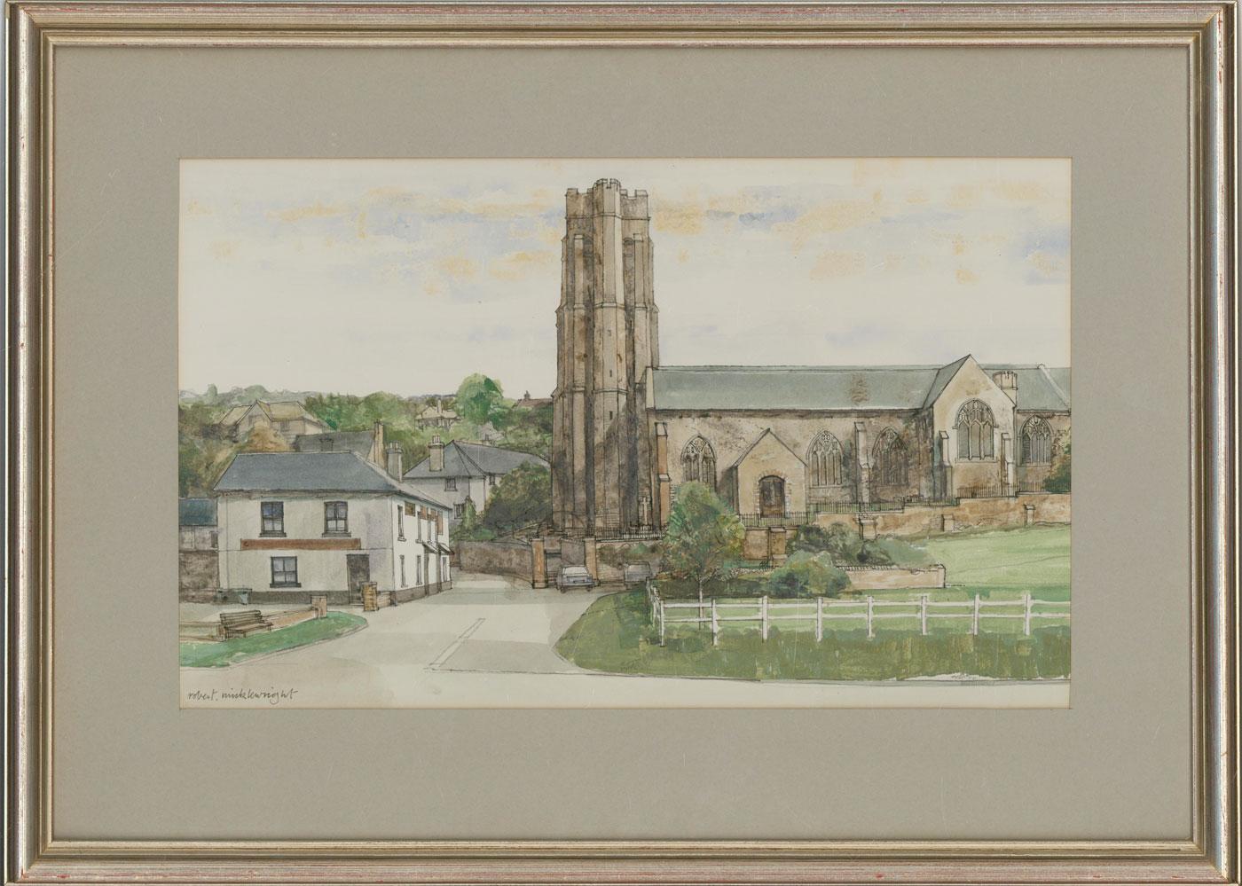 A charming watercolour study with ink and acrylic details depicting Stokenham Church in Devon. Signed to the lower left. Dated and titled to the reverse. On paper.