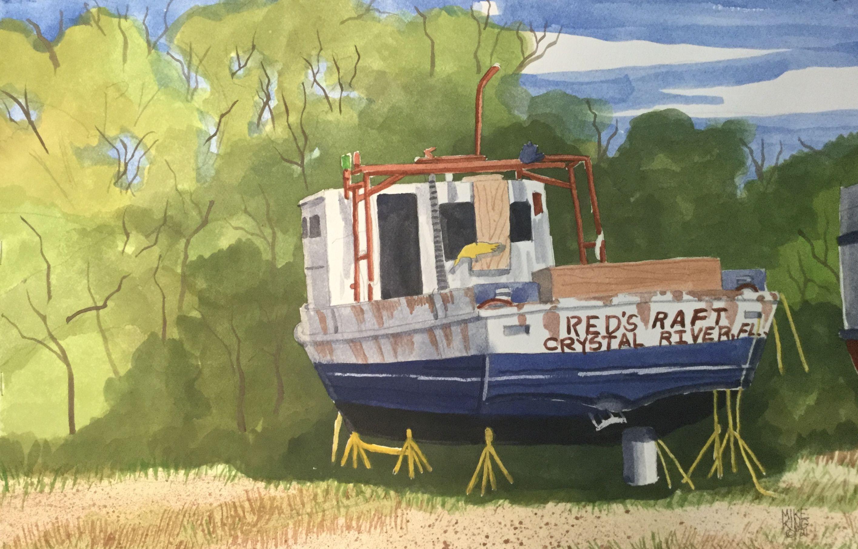 Redâ€s Raft Retired, Painting, Watercolor on Paper - Art by Mike King