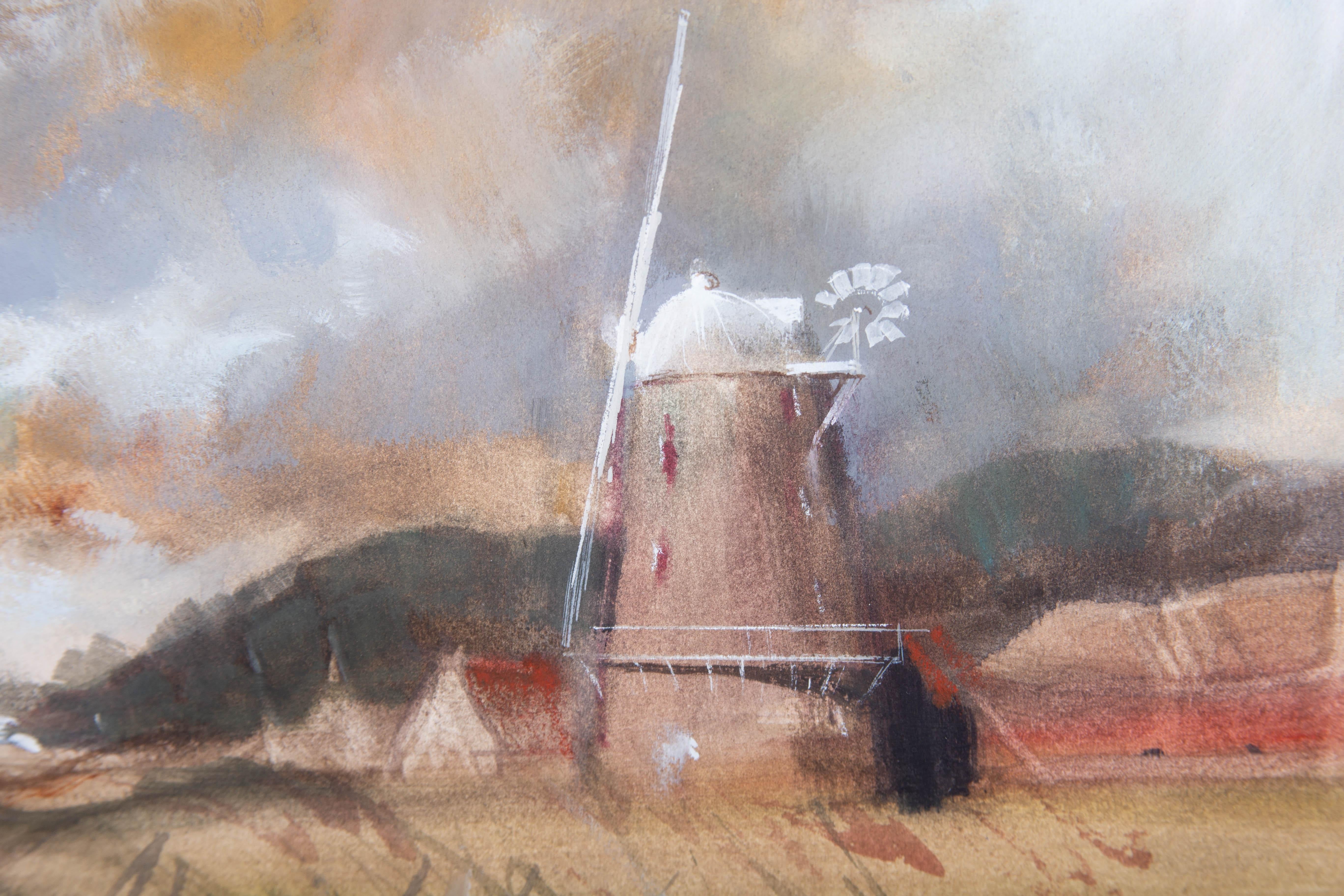 A charming watercolour painting with gouache by the artist John Scarland, depicting a rural landscape scene with a windmill. Signed and dated to the lower right-hand corner. Presented in a double washline card mount, in a gilt-effect slip and in a