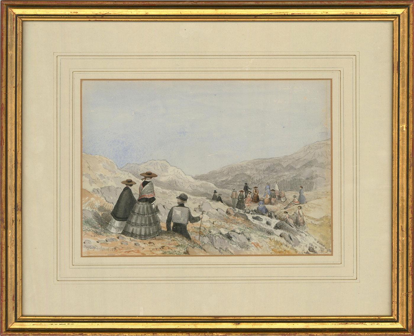 Une belle aquarelle du milieu du 19e siècle représentant une expédition de randonnée sur le pic d'Ingleborough dans les Yorkshire Dales. Un grand groupe de randonneurs en tenue victorienne, se repose sur les rochers. Cette charmante scène a été