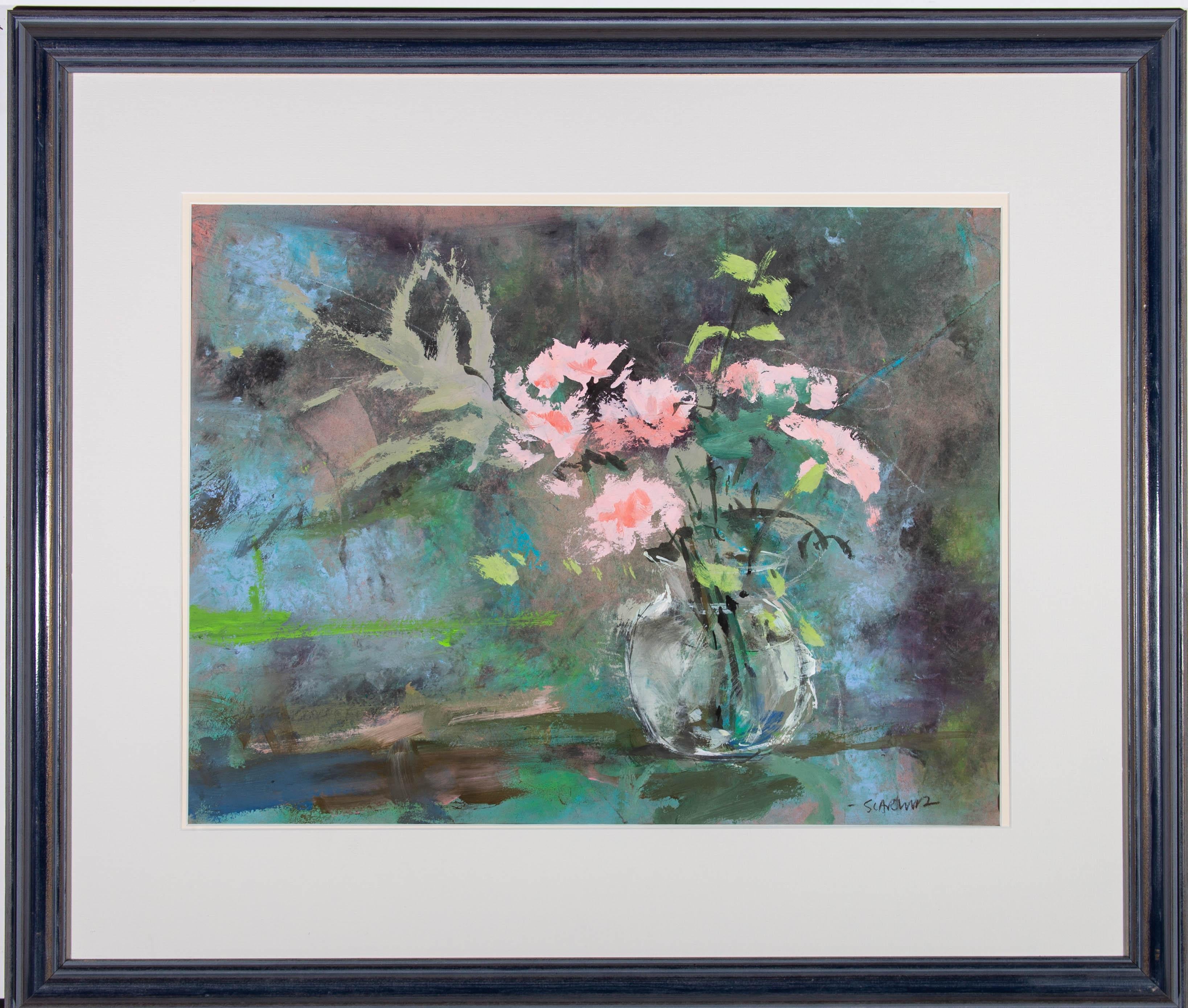 A striking gouache still life showing pink flowers in a glass vase in gestural dynamic brush strokes. The artist has signed to the lower right corner and the painting has been presented in a contemporary blue frame with card mount. On wove.
