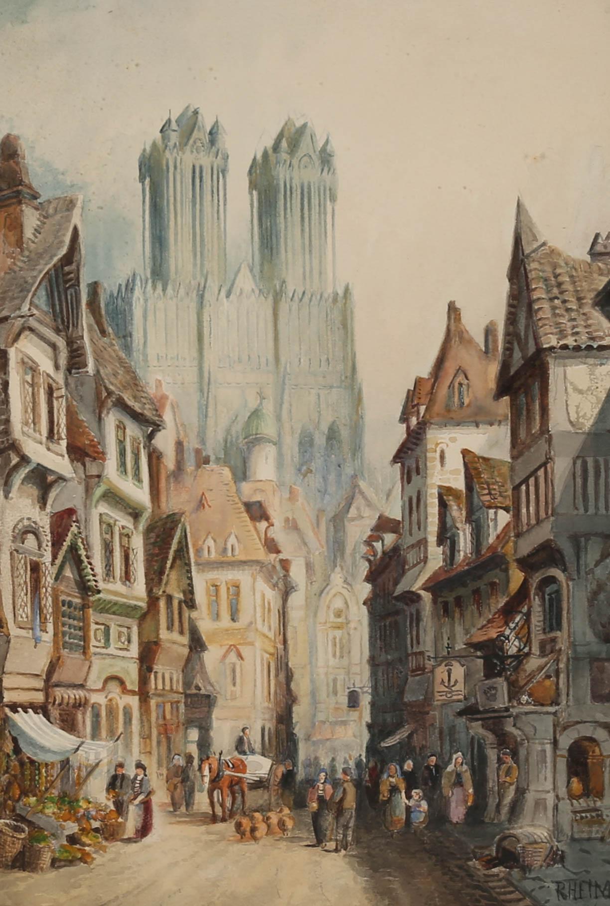 A striking watercolour depiction of the majestic Reims cathedral in Paris. A busy street scene can be seen in the foreground with horse and cart and market sellers. The artist has signed and inscribed to the lower right and the painting has been