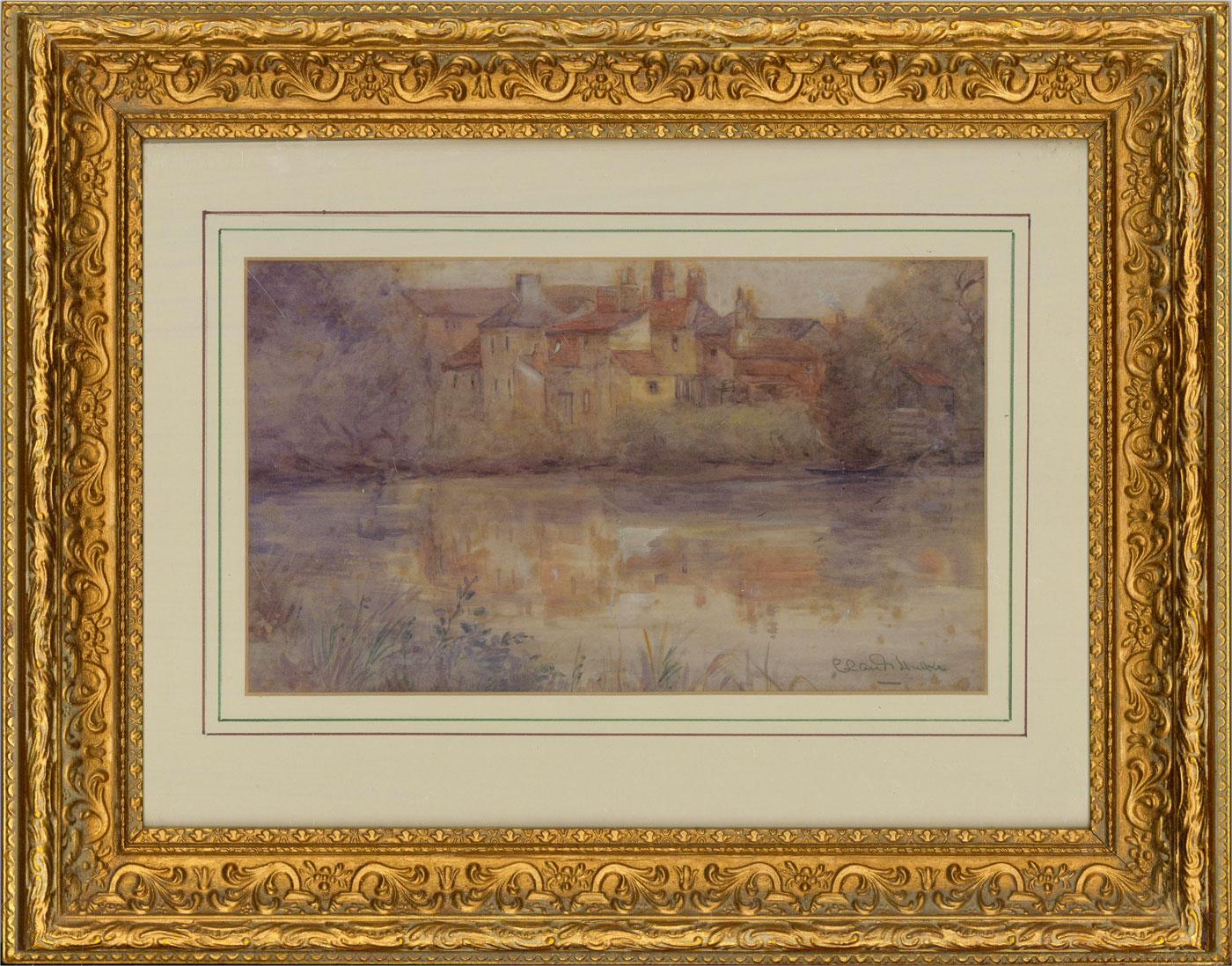 A delightful watercolour study of a small village on the lake, the sleepy village has no sign of life except for one patron who has gone out for an early morning boat trip. Signed to the lower right and presented in an extravagant gilt frame. On