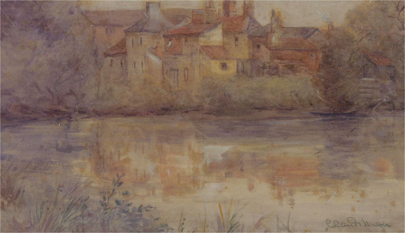 Claude Hulke - Signed Early 20th Century Watercolour, Village on the Lake For Sale 1