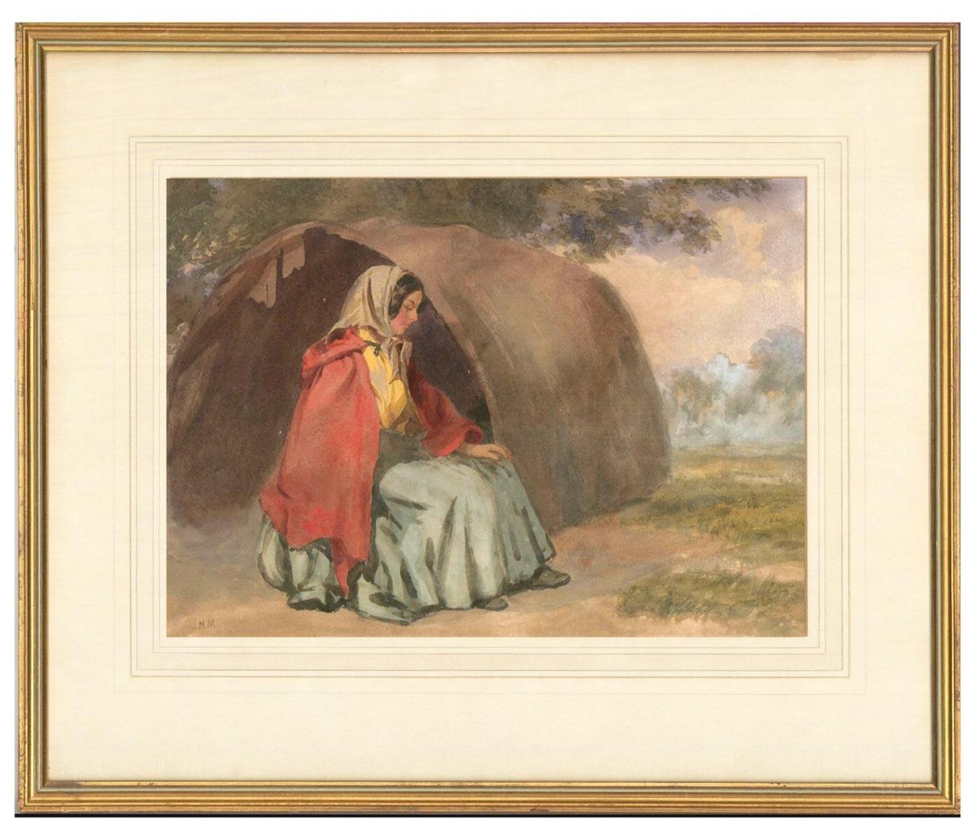 J.H.M – Aquarell, junge Reisende Frau, Mitte des 19. Jahrhunderts im Angebot 2
