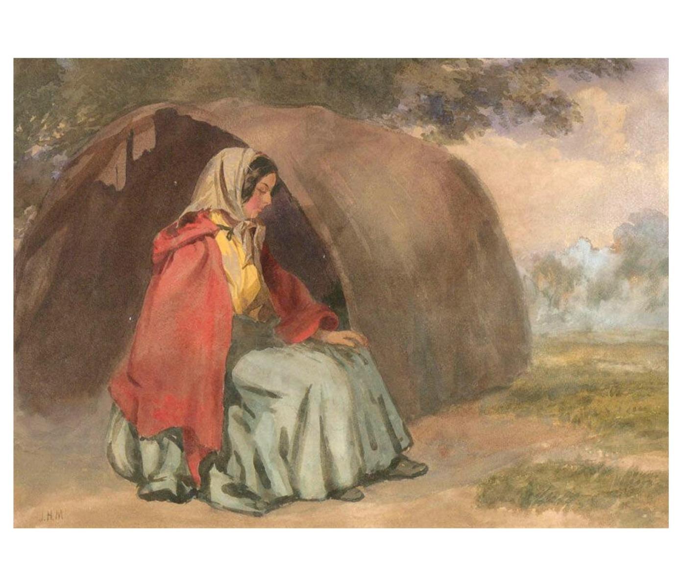 J.H.M – Aquarell, junge Reisende Frau, Mitte des 19. Jahrhunderts im Angebot 3