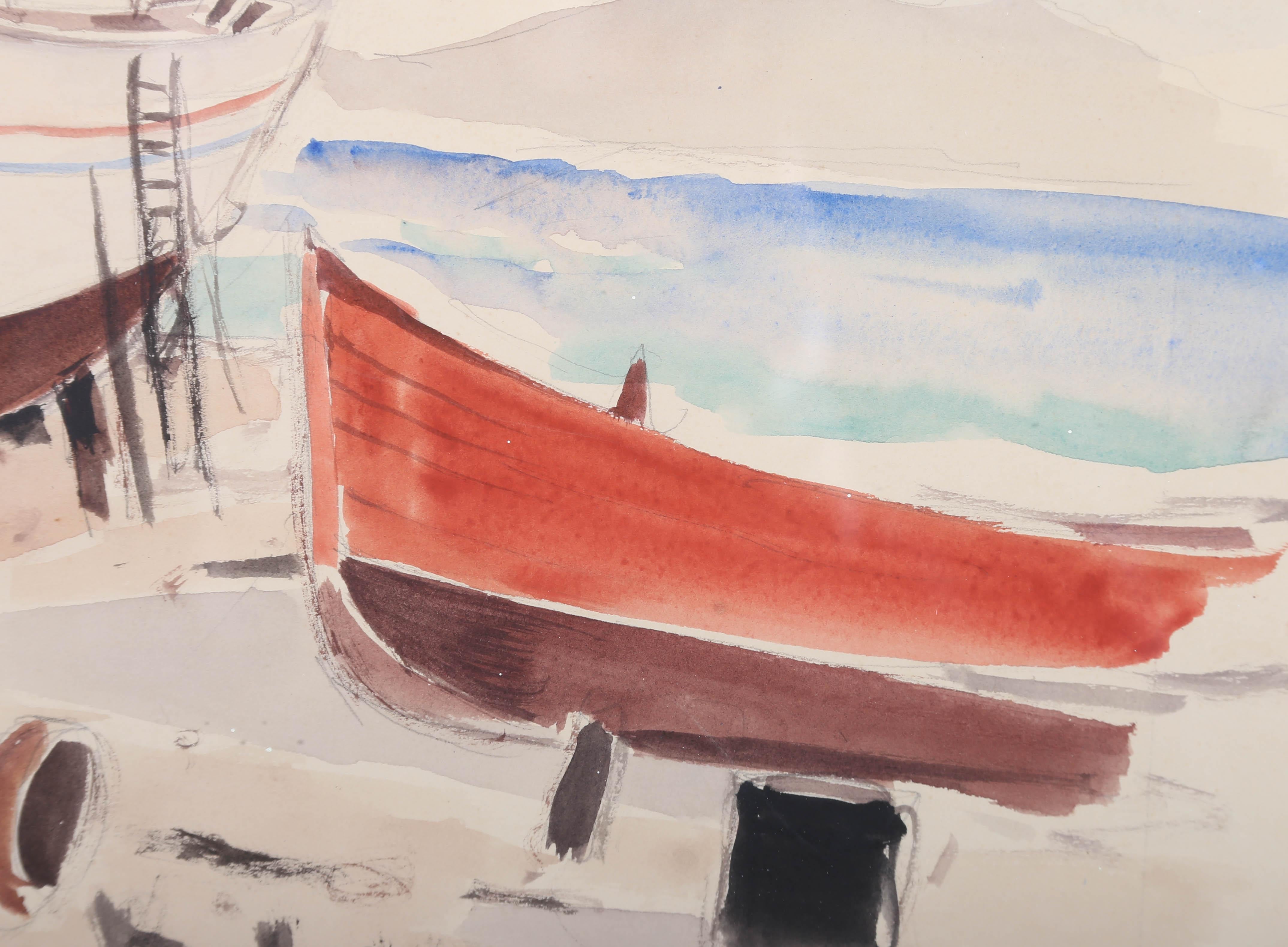 Une vue nautique colorée de bateaux sur le rivage d'Aegina, en Grèce. L'artiste a inscrit son nom en bas à gauche et le tableau est présenté dans un cadre doré avec un support blanc. Sur le papier.
