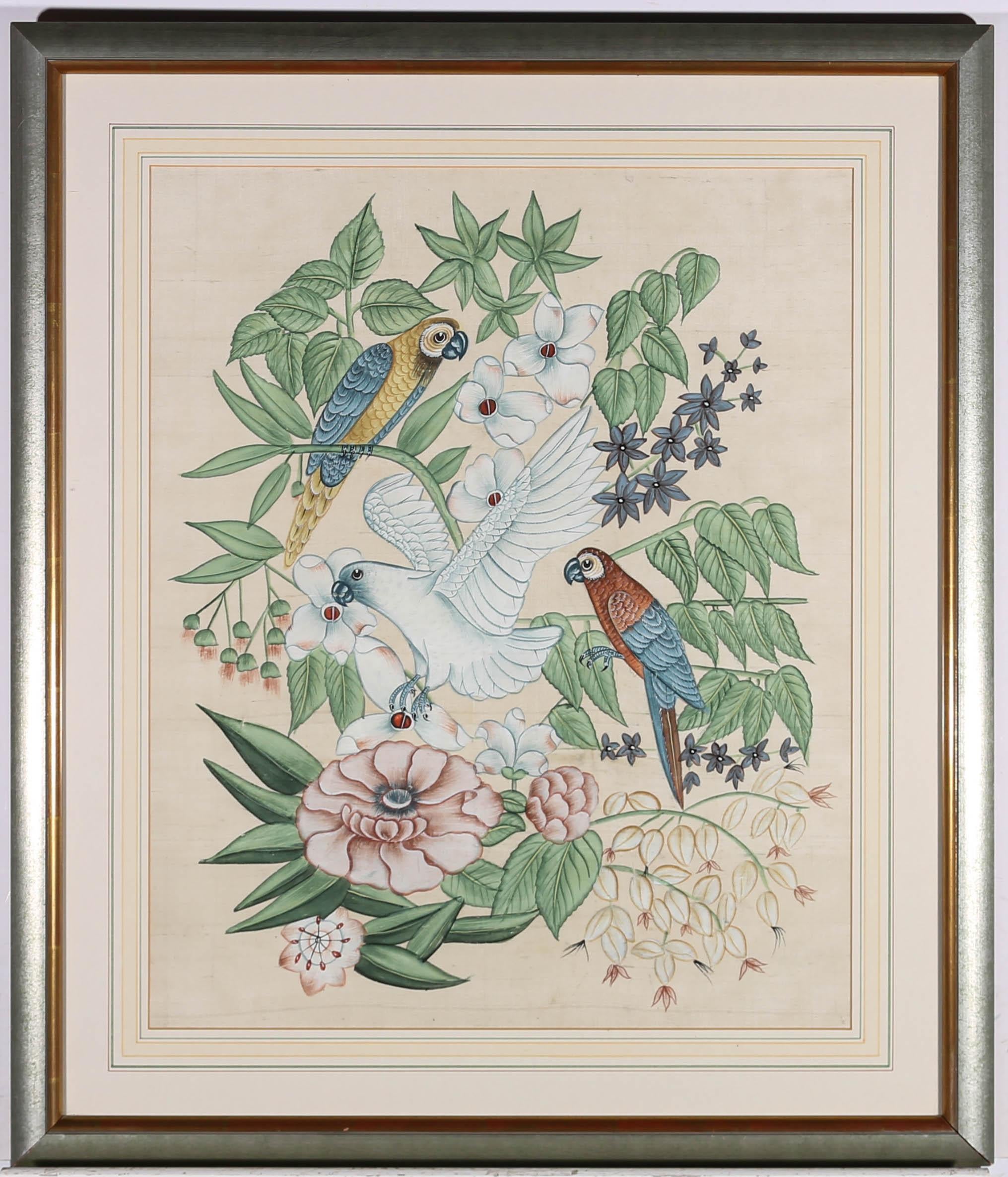 Unknown Animal Art – Gouache des 20. Jahrhunderts – tropische Vögel und Blumen