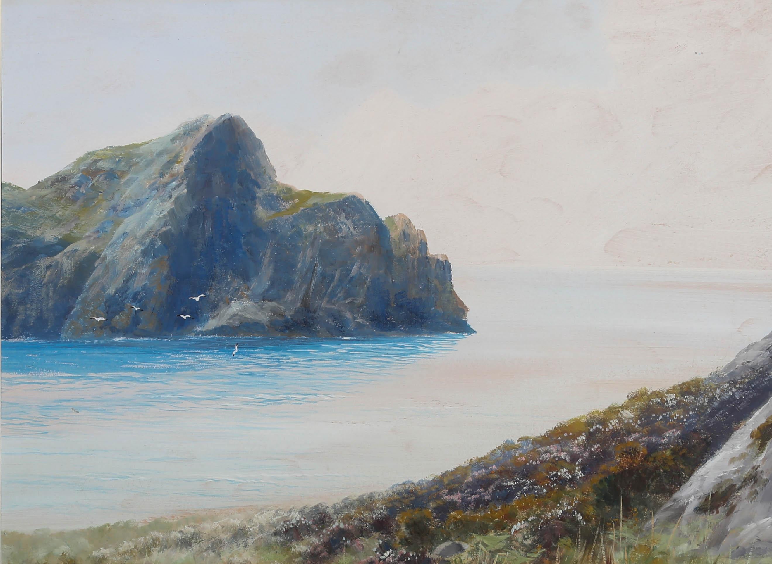 A fine coastal landscape in gouache in the manner of Frederick John Widgery (1861–1942). The painting is unsigned and presented in a gilt frame with card mount. On wove.












