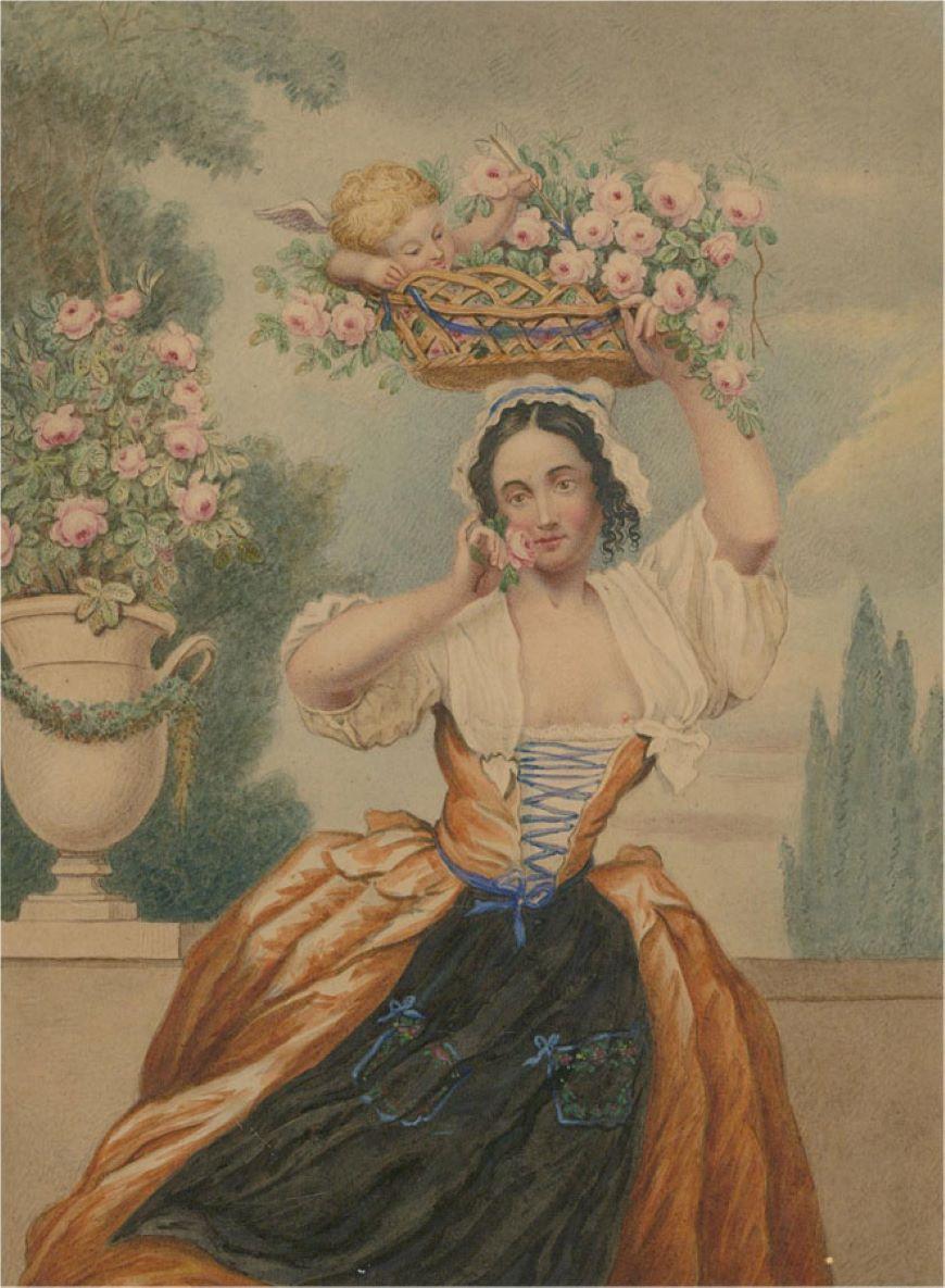 A beautiful mid 19th Century watercolour,showing a pretty young flower seller with dark hair and a corseted dress with linen undershirt. She is carrying a basket of delicate pink roses on her head, in which is concealed a cherub with an arrow