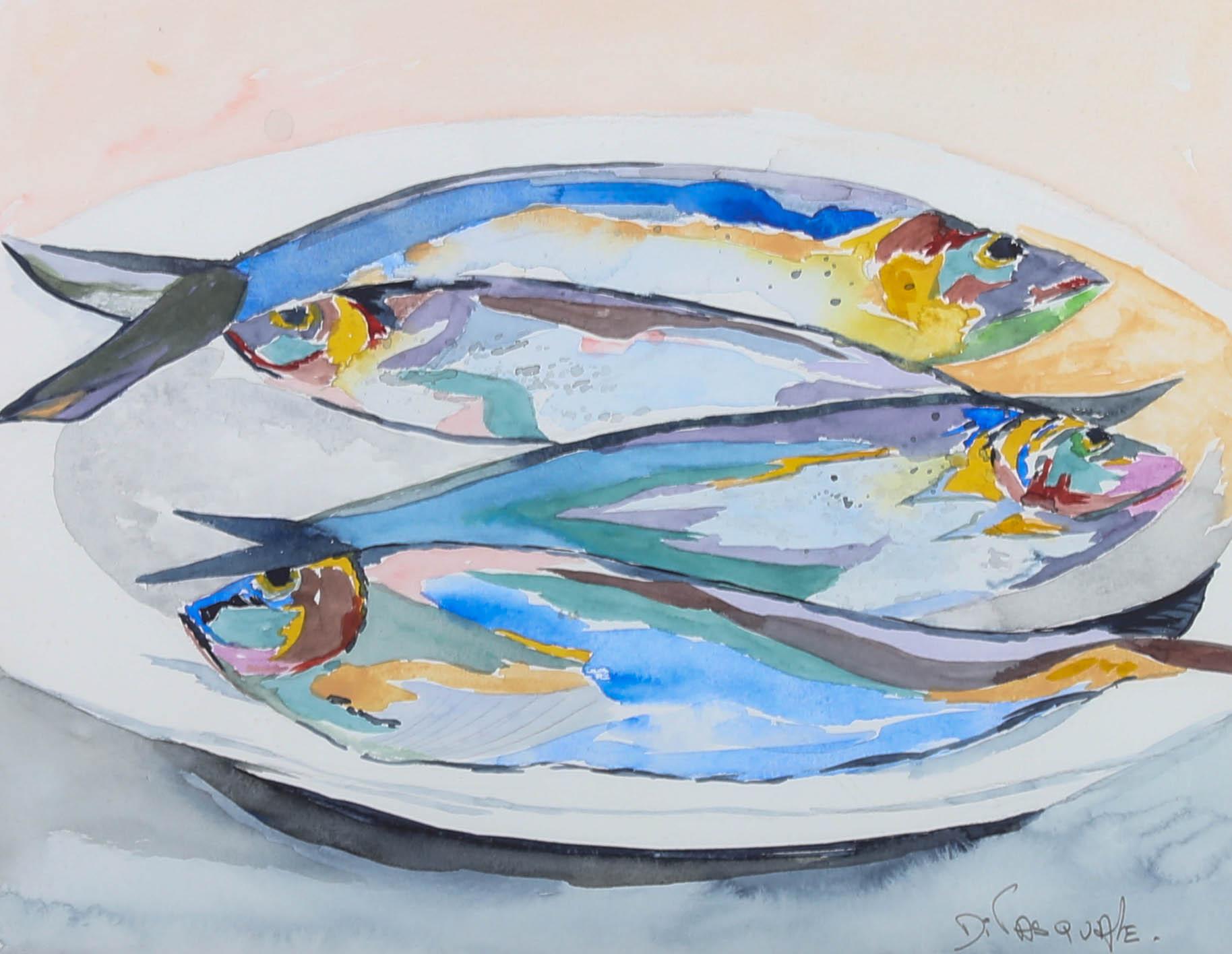 D. Pasquale - Aquarelle du milieu du 20e siècle, représentant un plat de poisson 1