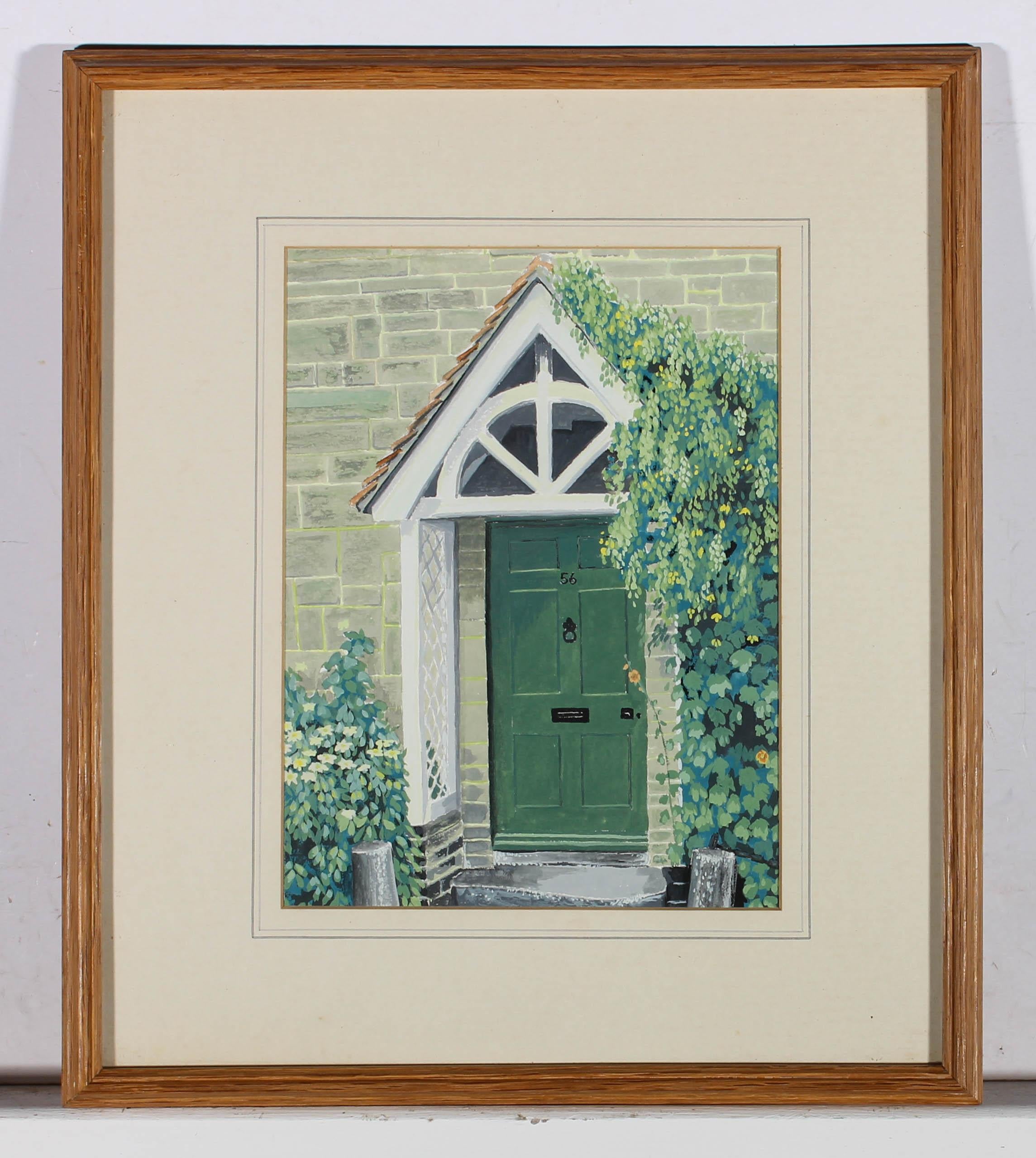 An inviting green door with white portico surrounded by more green shrubbery. Well presented in a wash line mount and simple wooden frame. Unsigned. On wove.