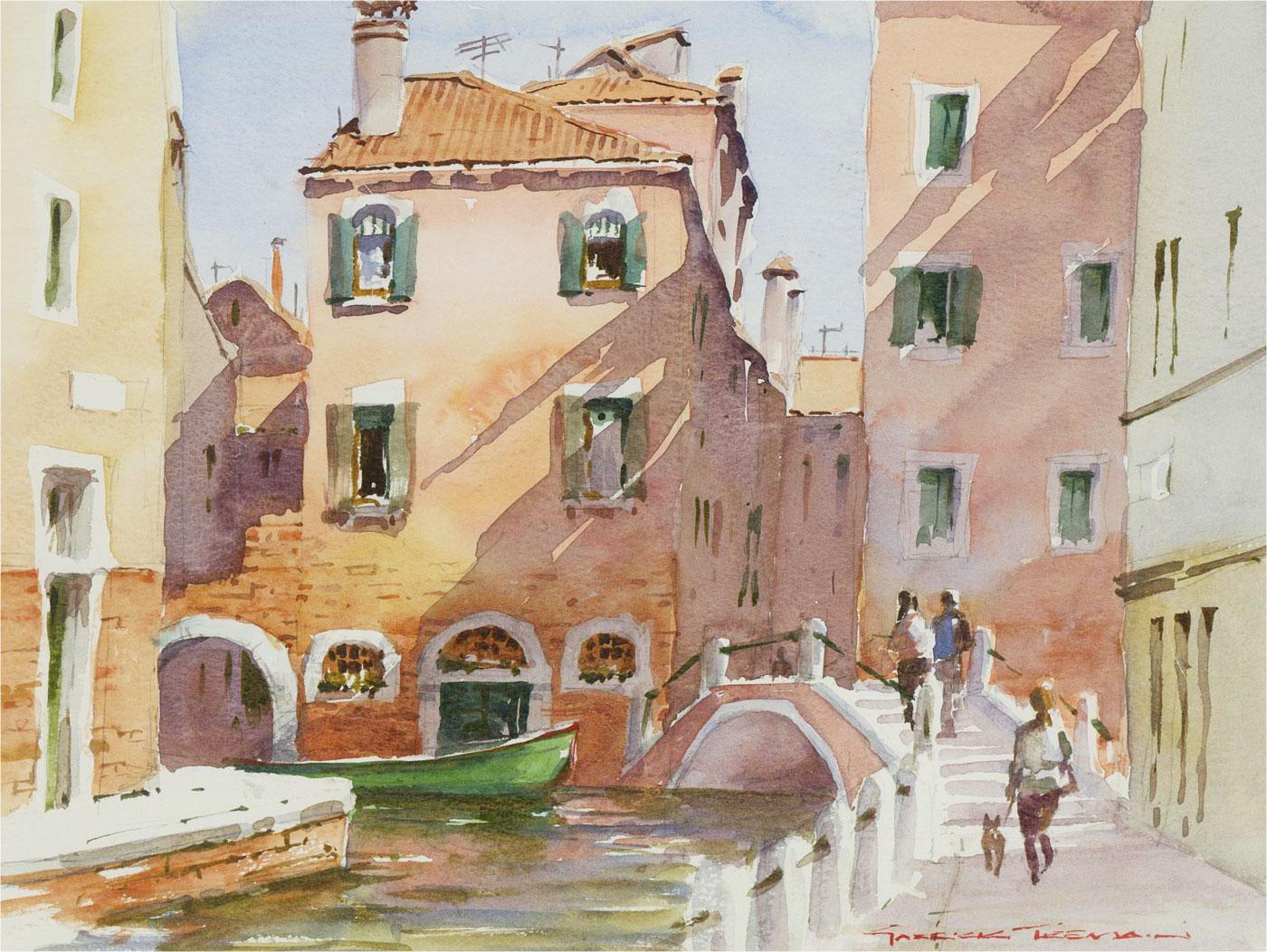 A charming watercolour scene of the bridges overlooking the canals of Venice. Signed to the lower right and well presented in a double card mount and sleek frame. On wove.

