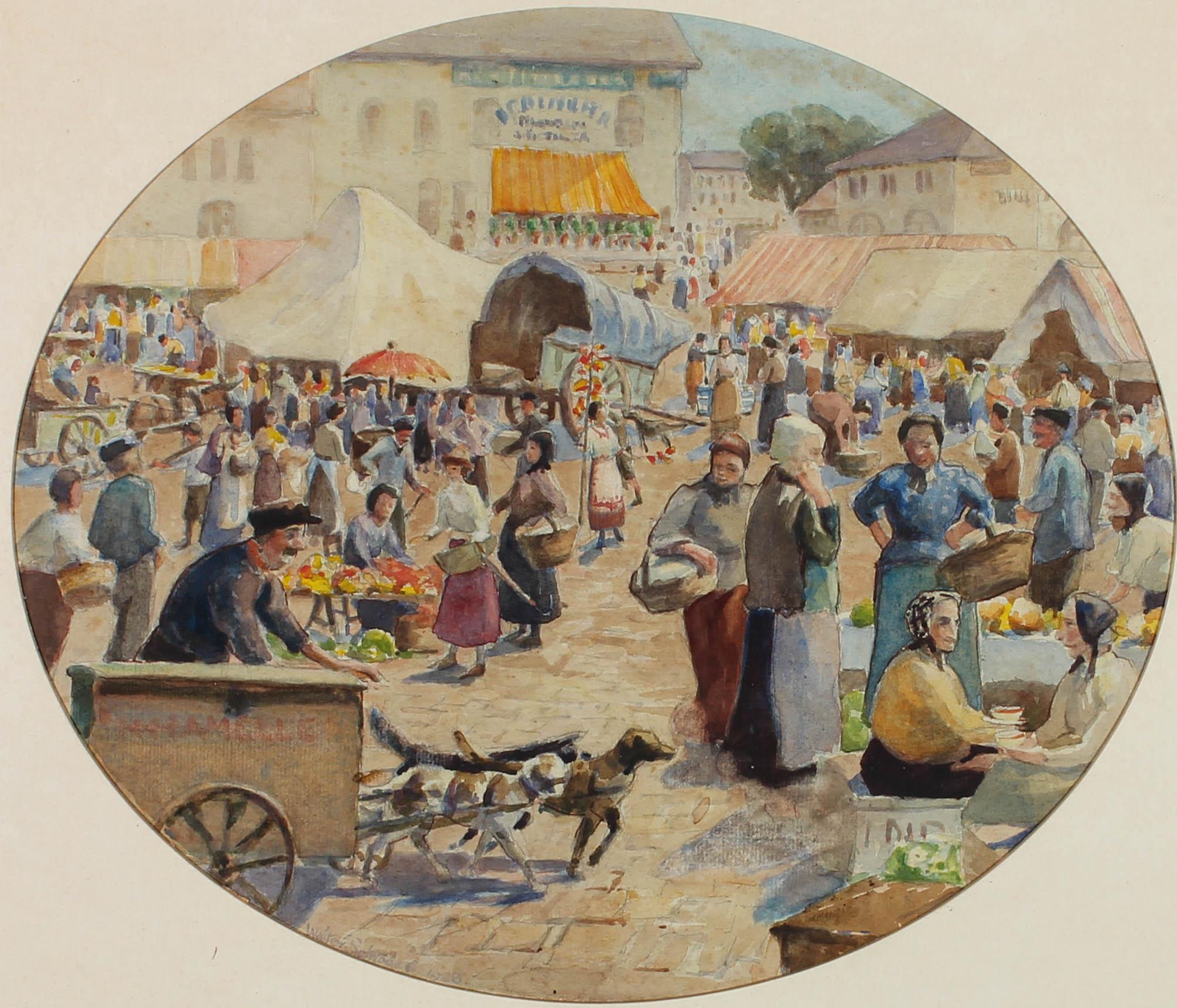 Walter Schroder – signiertes und datiertes Aquarell, The Busy Market, 1928 im Angebot 1