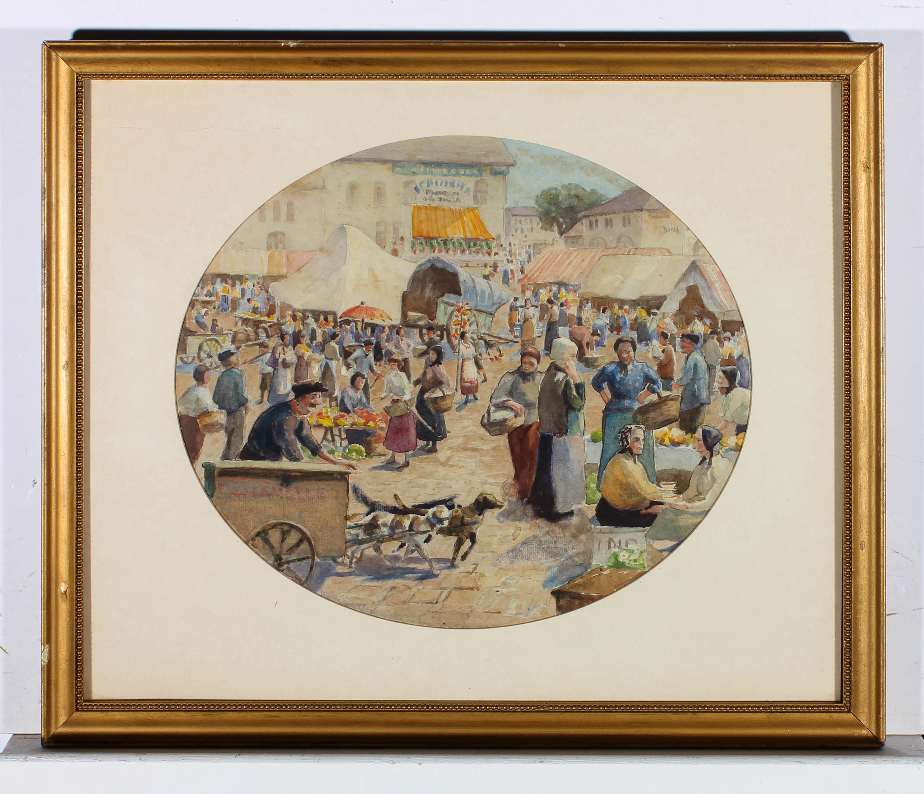 Walter Schroder – signiertes und datiertes Aquarell, The Busy Market, 1928 im Angebot 2