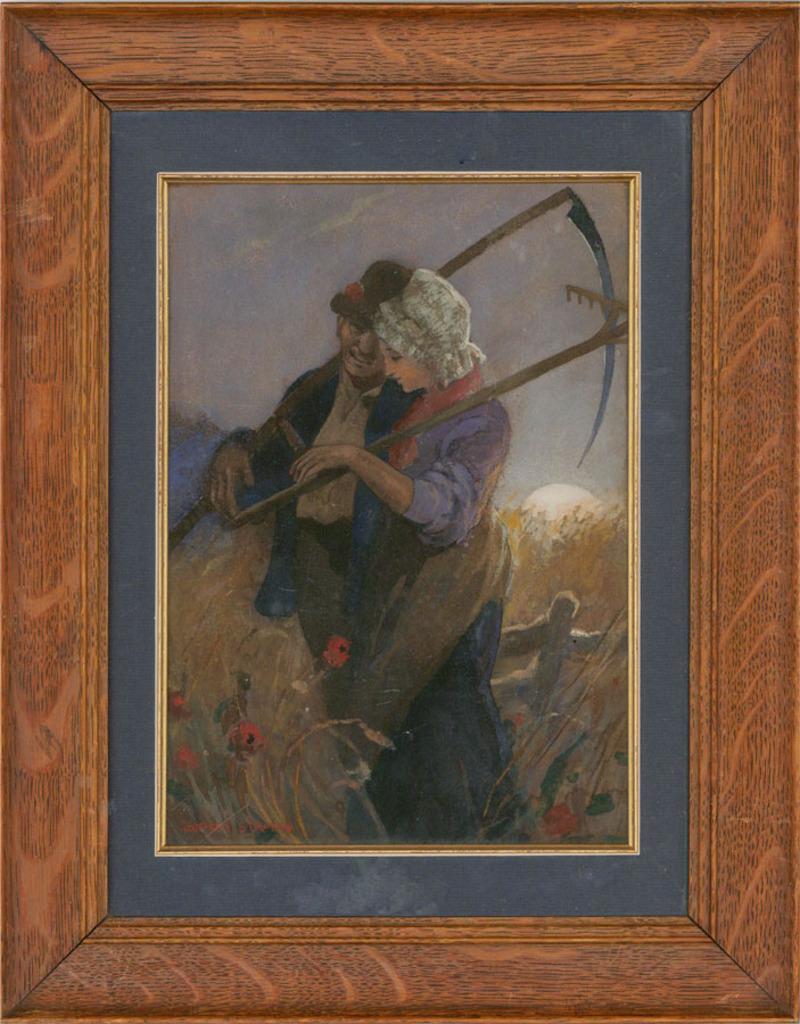 A romantic scene depicting two lovers embracing in a meadow after a day's work. Propping their scythe and rake over their shoulders, the couple brush past wheat crop and poppies as they walk with their back to the moon. This is an unusual work for