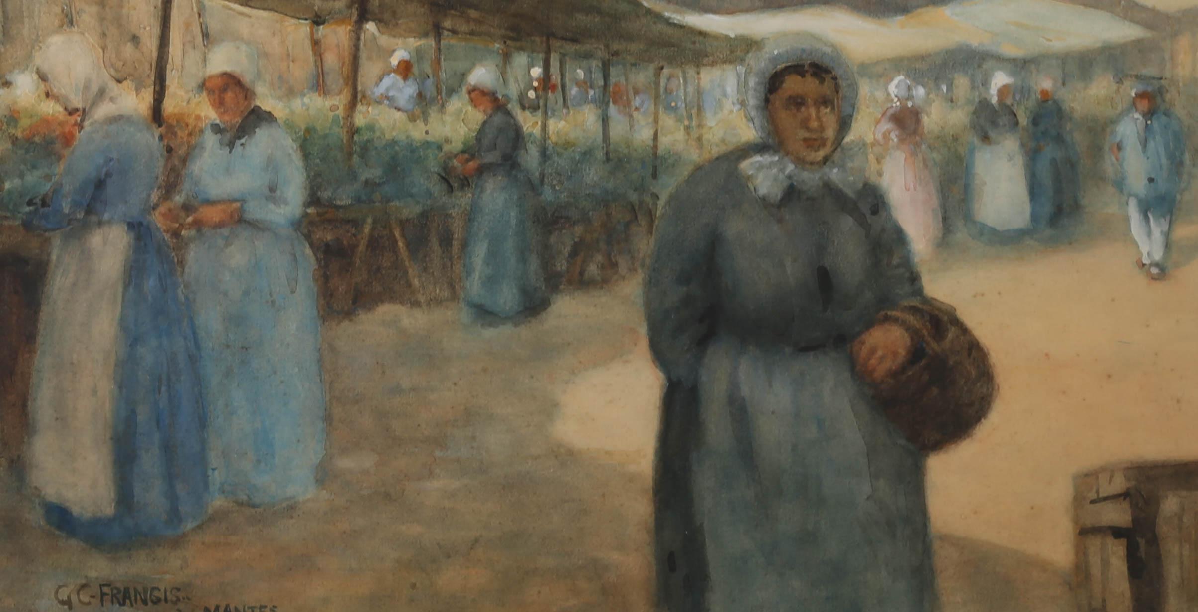A wonderfully impressionist view of French market in Mantes-la-Jolie, France. Women gather at stalls under canopies, one woman walks towards the viewer in the foreground, a basket over her arm. The scene has a peaceful haziness and muted palette.