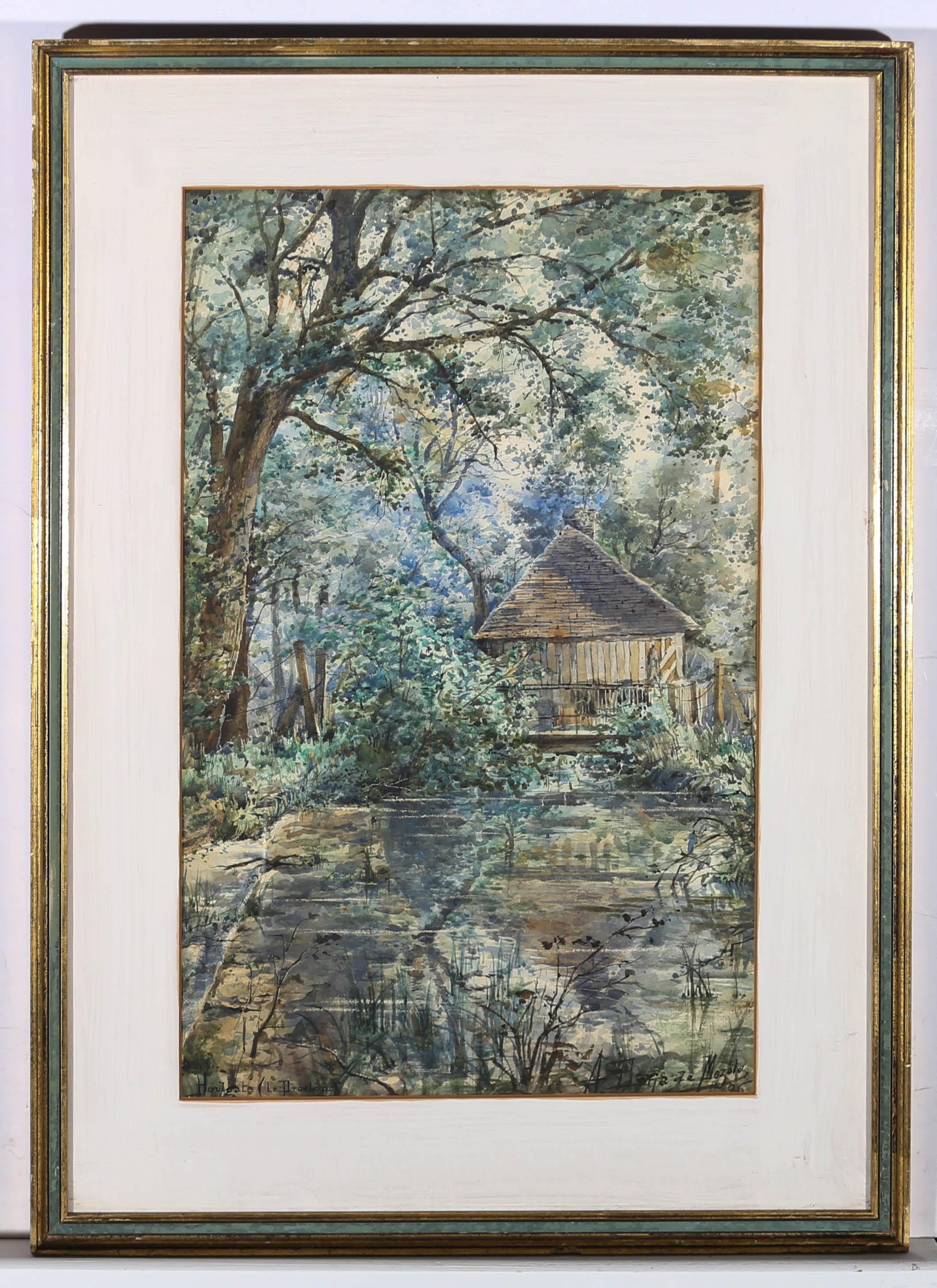 A charming watercolour scene of Le Drochon river flowing through Houlgate, France. We can see a lone house sitting along the river bank and shrouded in trees. The artist has signed to the lower right and inscribed the location to the lower left. The