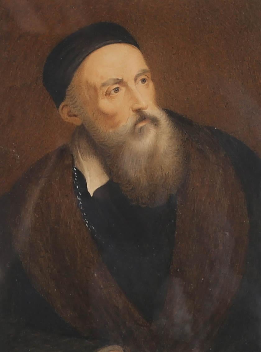 This accomplished watercolour study depicts Titian's self-portrait, showing the artist at around 70 years of age and wearing fine clothing. The painting is thought to have been completed around 1560-62 based on its style and Titian's portrayed age.