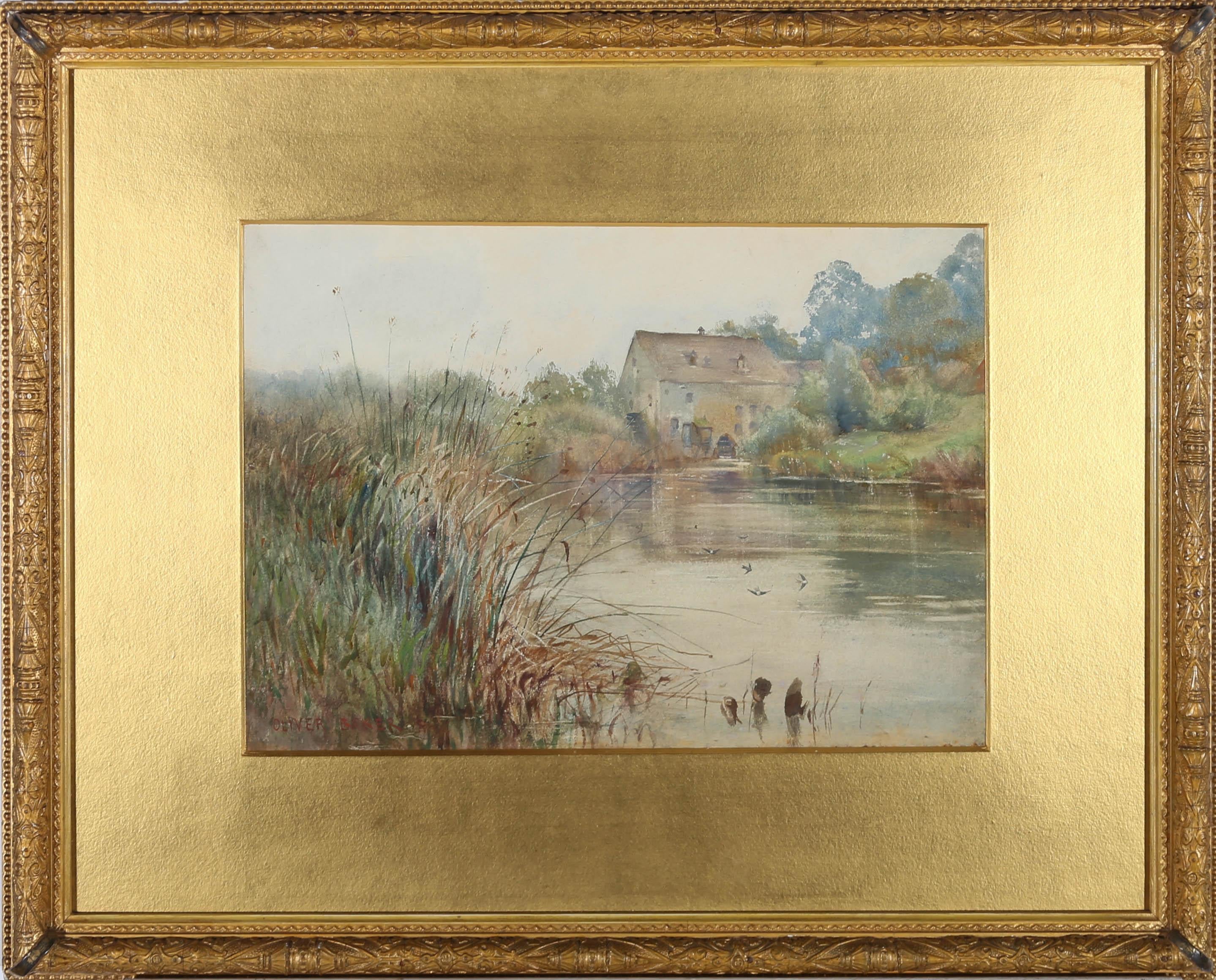 An idyllic river scene in watercolour from the late 19th Century/early 20th Century, showing a river bank with reeds and the river winding off towards an old watermill in the distance. Swallows fly low over the water and the glassy surface reflects