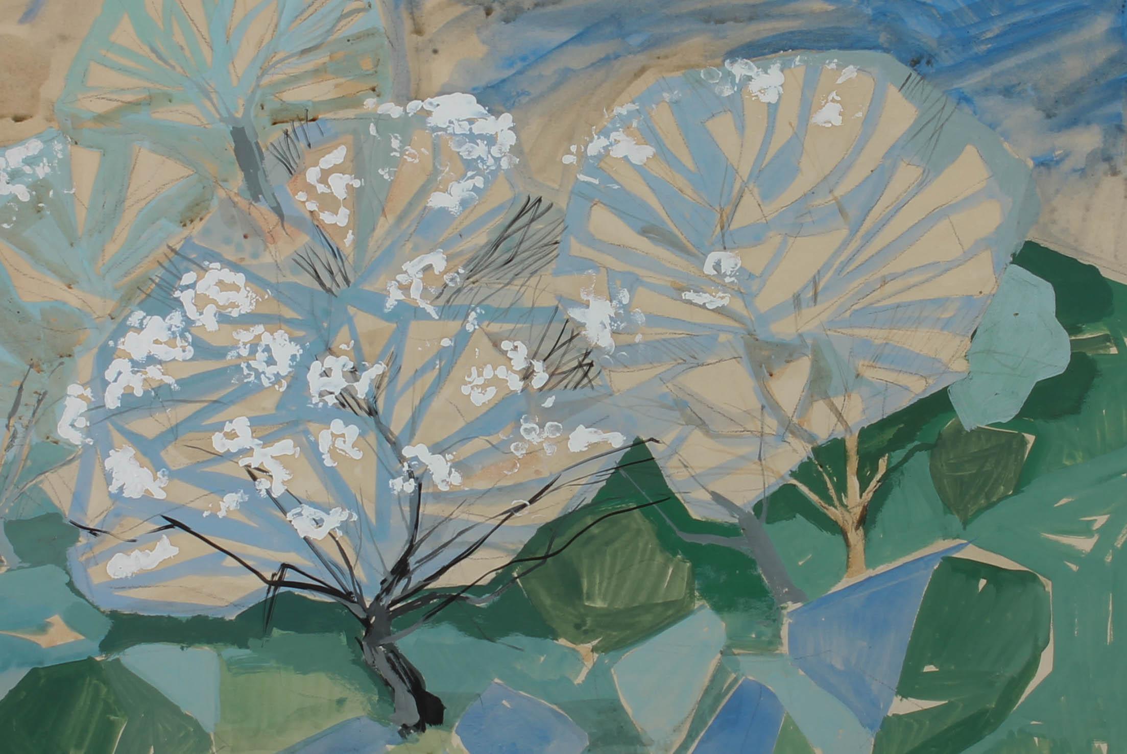 Ralph Shirley - 1966 Gouache, Blue Blossom Trees 2
