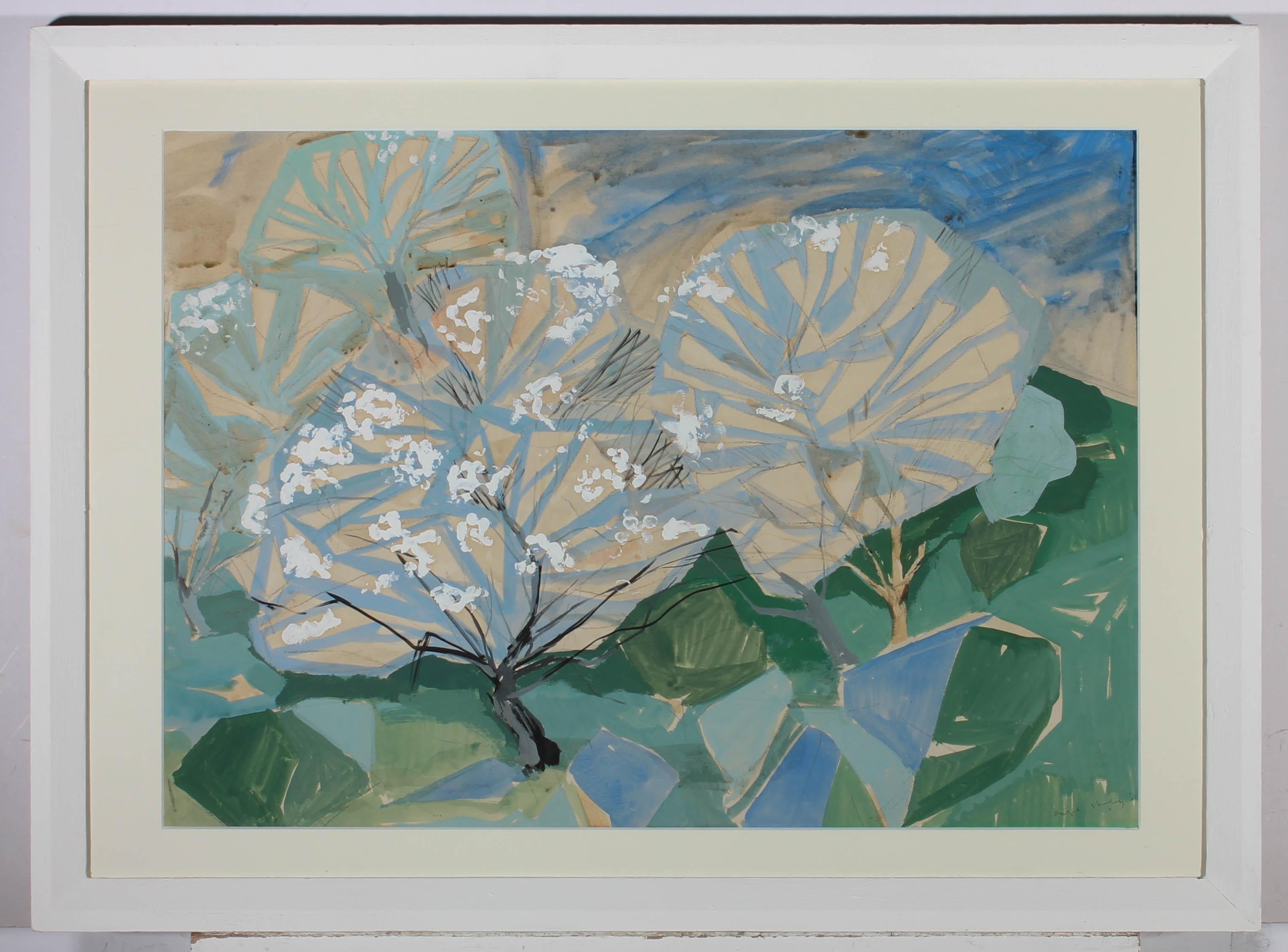 Ralph Shirley - 1966 Gouache, Blue Blossom Trees 3